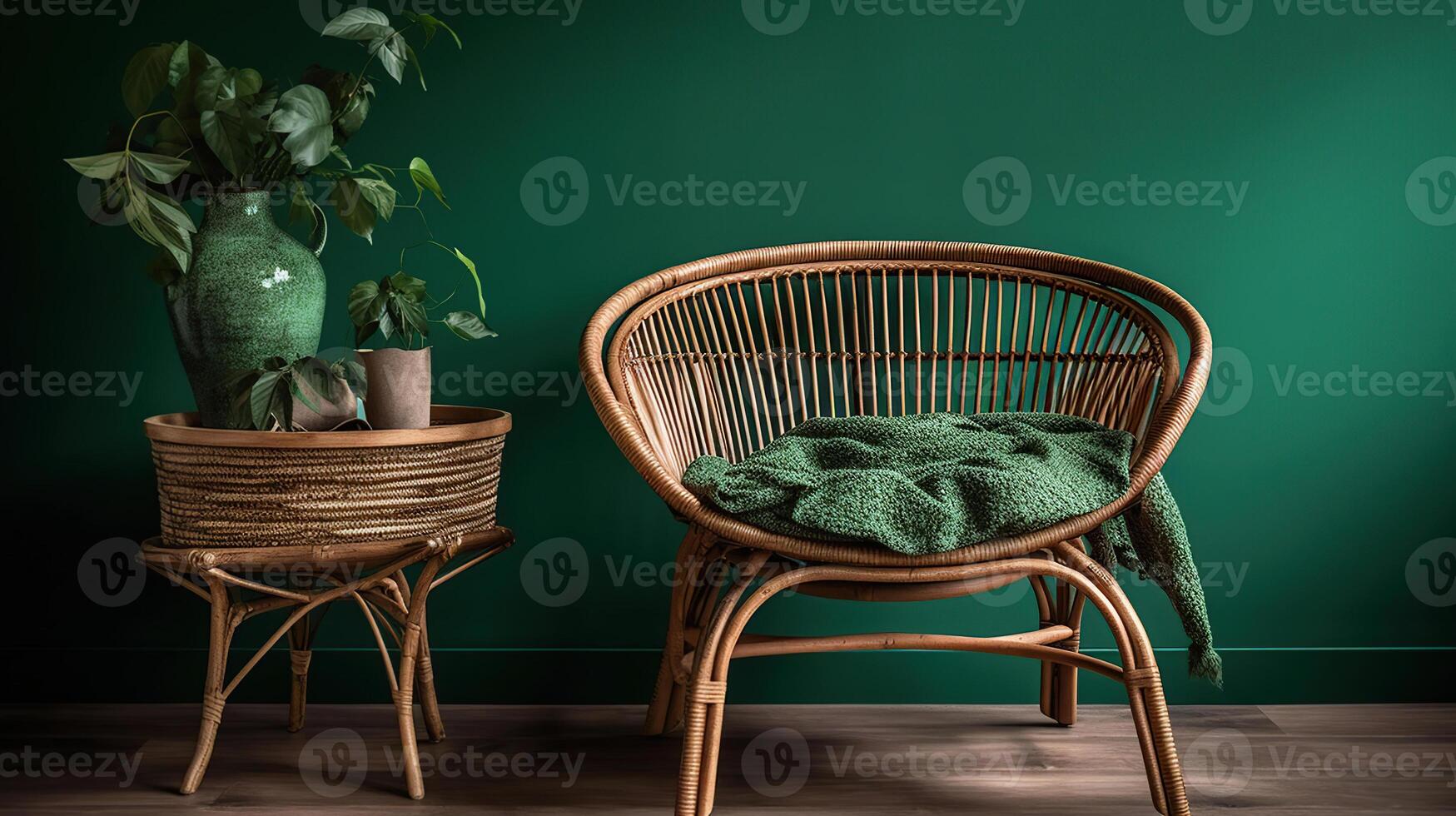 Comfortable wicker armchair with plaid and table near green wall. Banner for design, photo