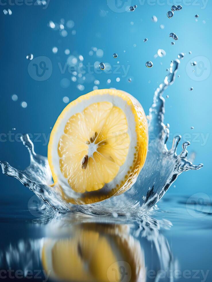 Splash of sliced lemon with water drops over blue background, photo