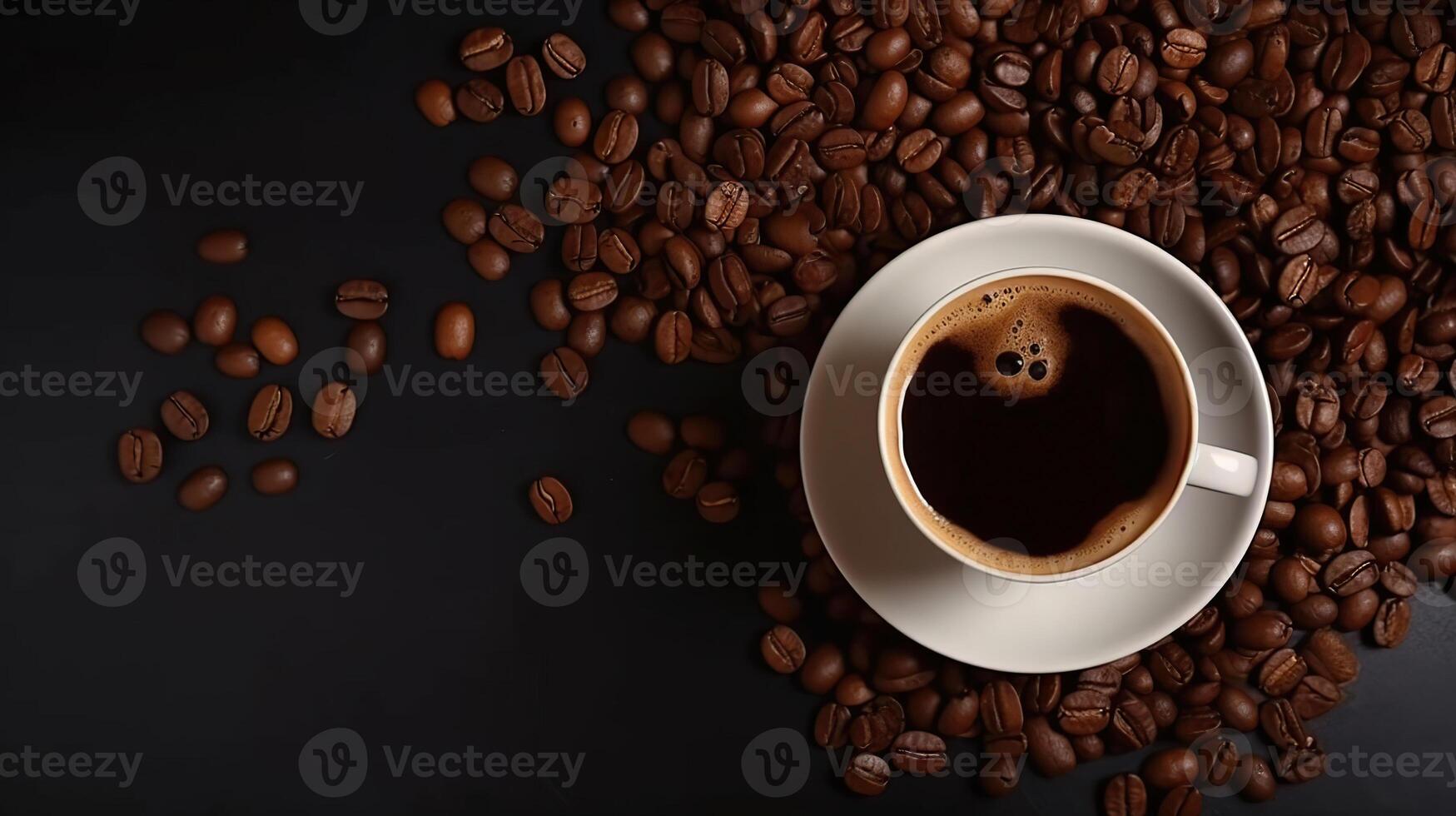 Roasted coffee beans, brown sugar and cup of hot espresso coffee. Top view flat lay with copy space, photo