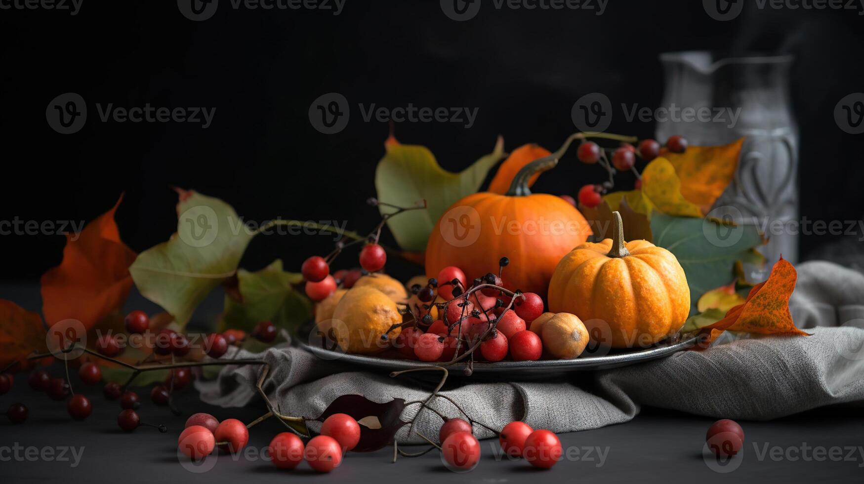 Closeup view of seasonal table setting with autumn leaves, pumpkins and ashberries on grey background, space for text. Thanksgiving Day, photo