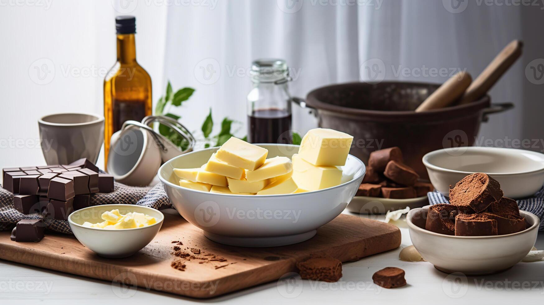 Bowl with butter and ingredients for preparing chocolate brownie, photo