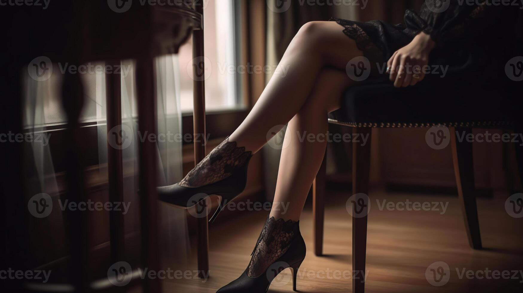 Woman in sexy black heels and beautiful legs sitting at home, photo