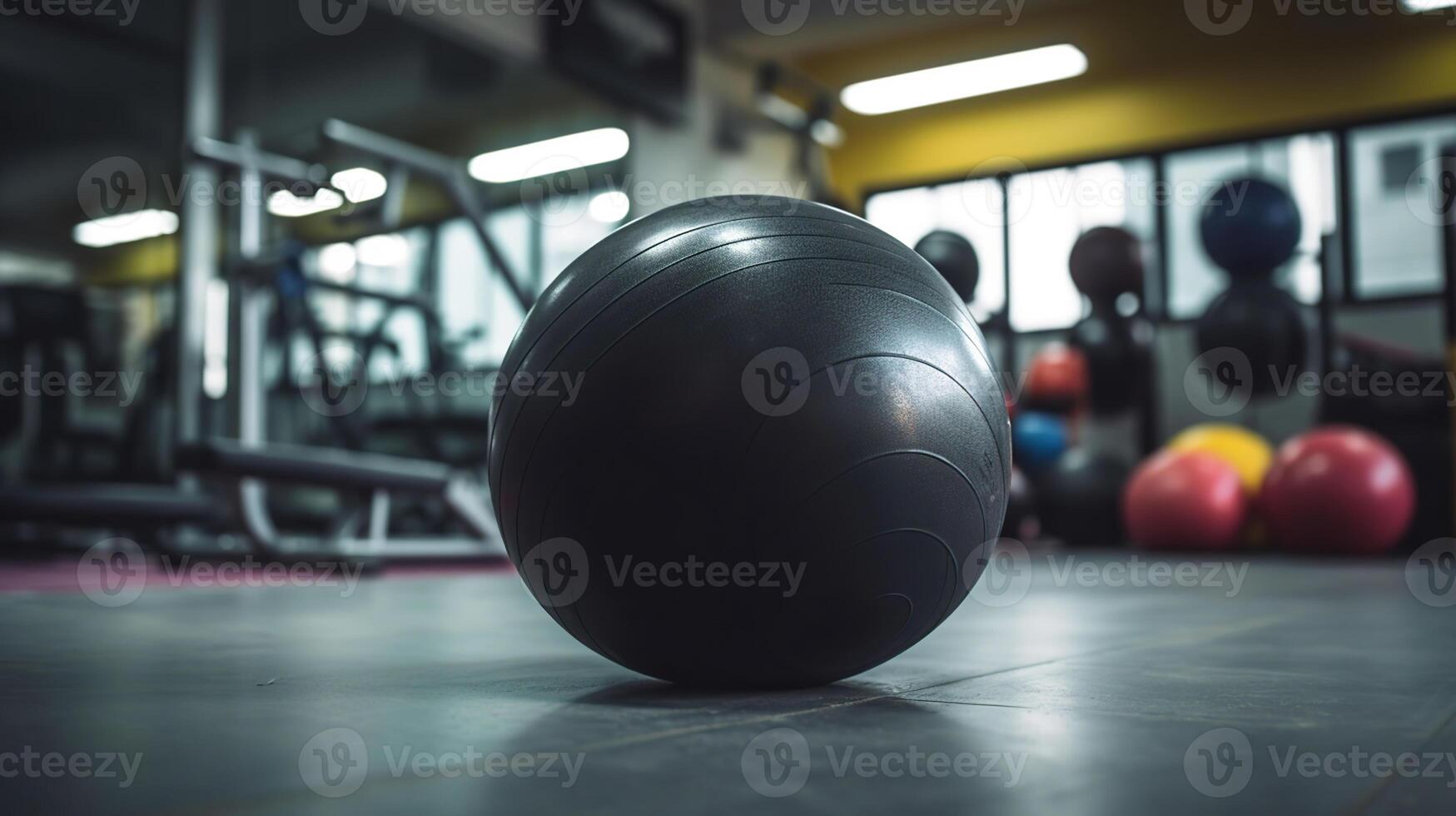 Different sports equipment and fitness ball in gym, photo