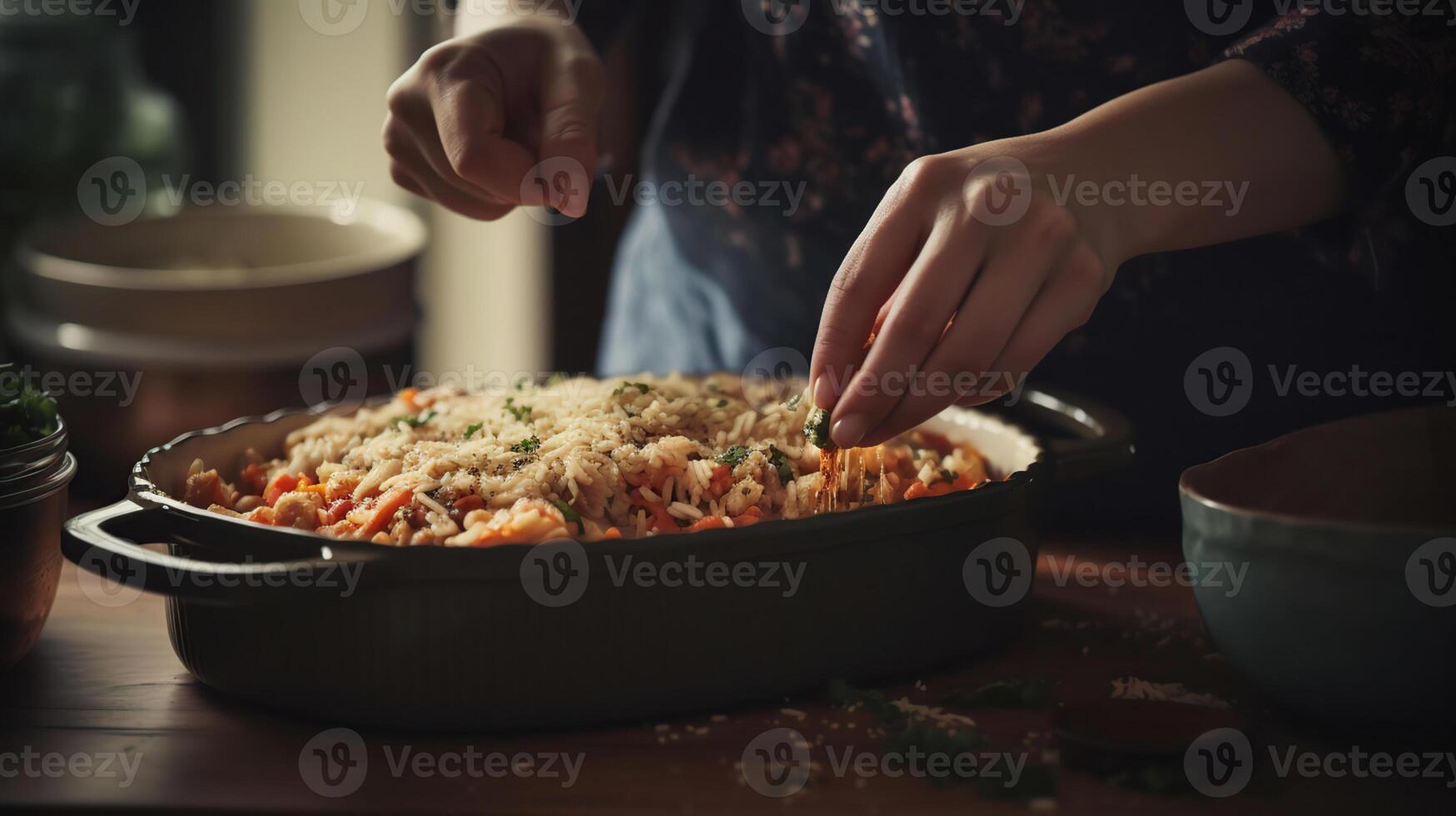 Woman taking baking dish with tasty rice casserole out of oven, photo