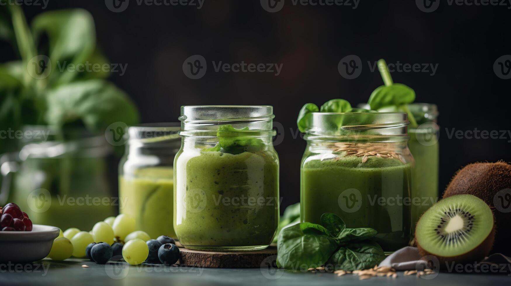 Glass jar mugs with green health smoothie, kale leaves, lime, apple, kiwi, grapes, banana, avocado, lettuce. Raw, vegan, vegetarian, alkaline food concept. photo