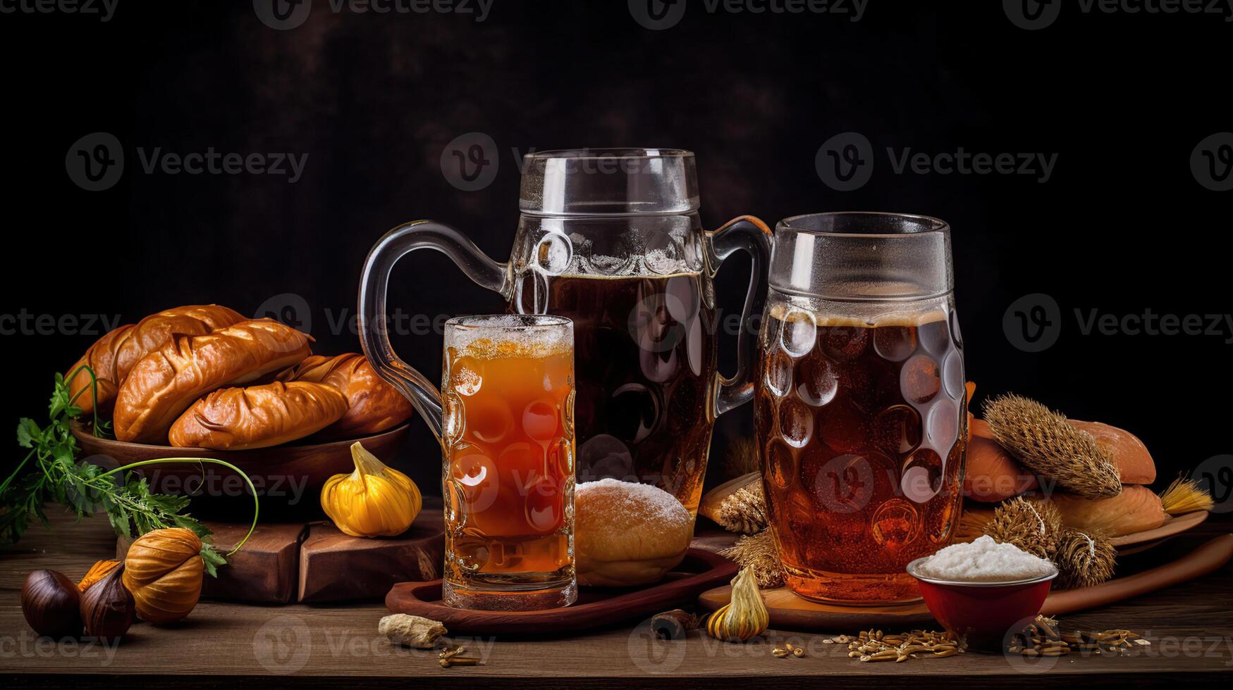 Mugs of fresh beer and traditional food on dark background, closeup. Oktoberfest celebration, photo