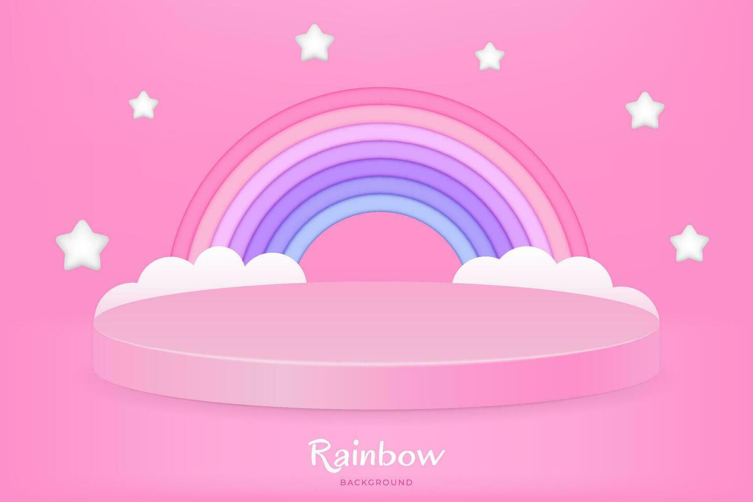 Podium with Clay Effect Rainbow and Clouds. Abstract 3D Design with Cute Baby Toys and Pink Background Vector Illustration for Advertising, Banner or Poster Template. Pedestal for Product Presentation