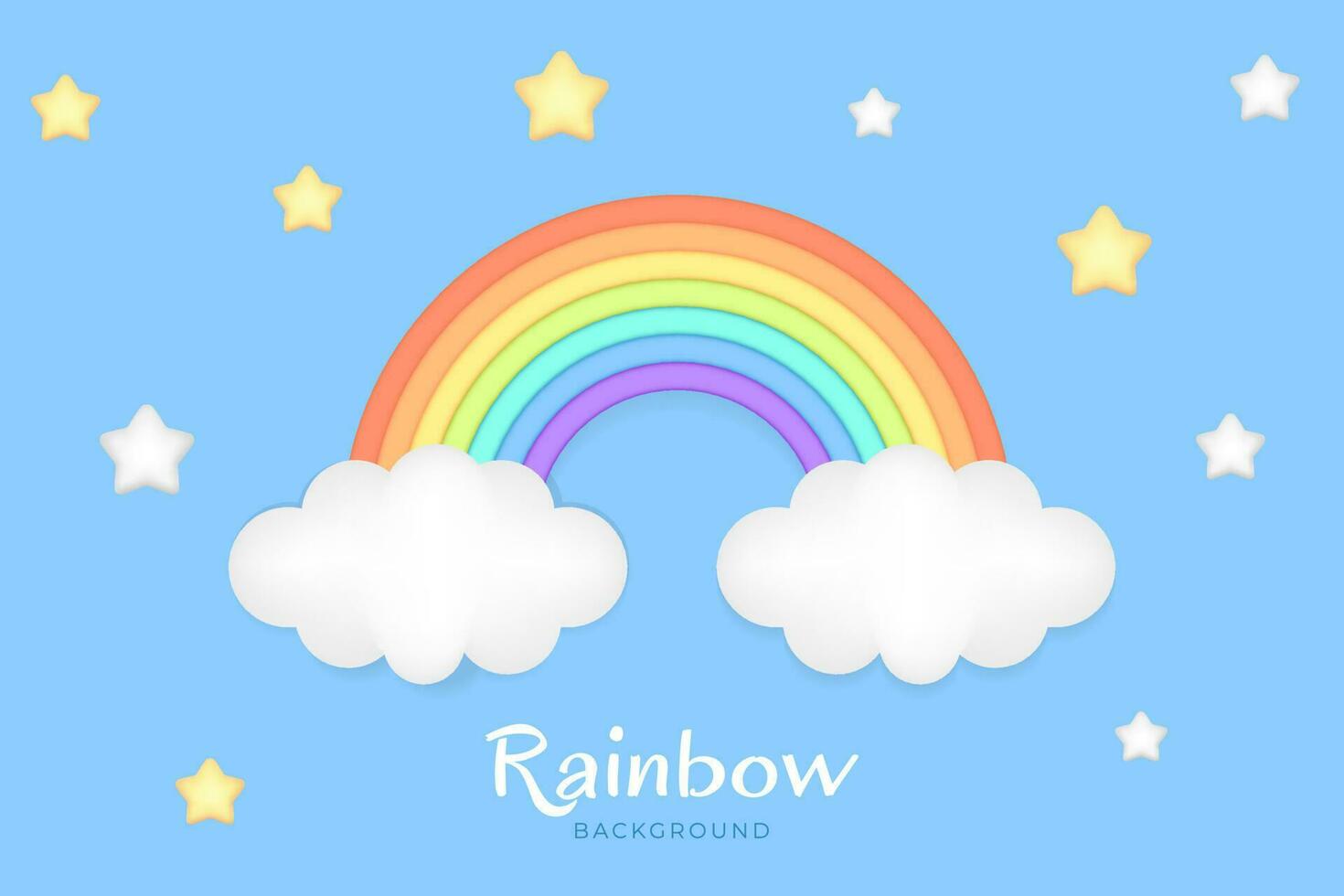 vistoso 3d arco iris arco con nubes vector ilustración con polímero arcilla efecto. linda diseño elemento estrellas en cielo para decorativo concepto. utilizar como firmar, icono, gráfico para contento y creativo diseños