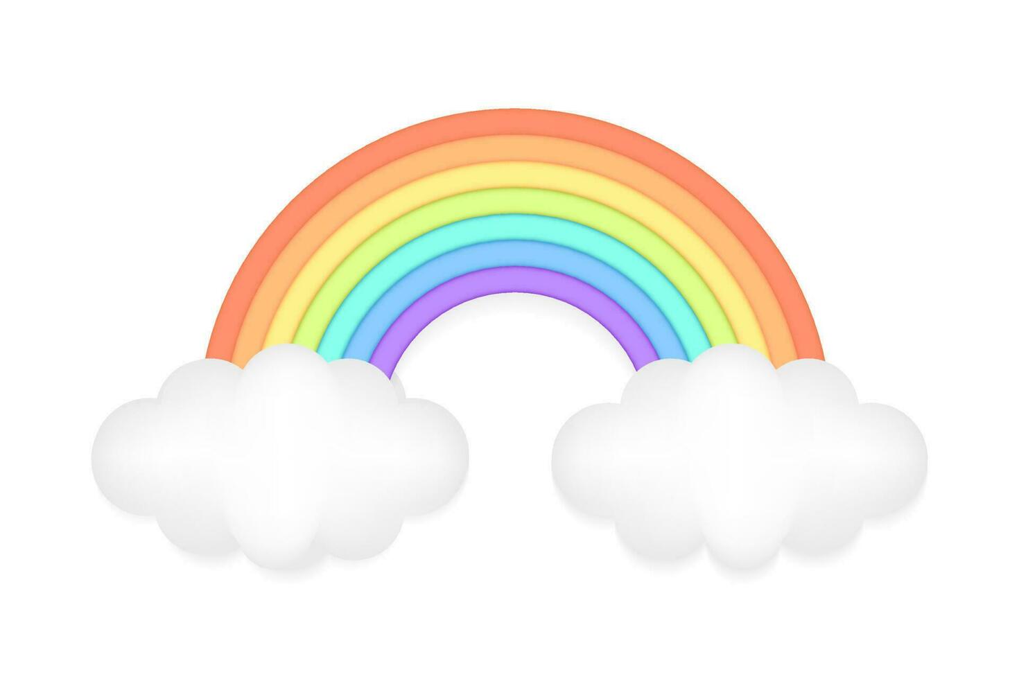 Abstract 3D Rainbow Arch with clouds Vector Illustration with Clay Effect. Cute Design Element for Decorative Concept. Use as Sign, Icon, or Graphic for Happy and Creative Designs. Isolated on white