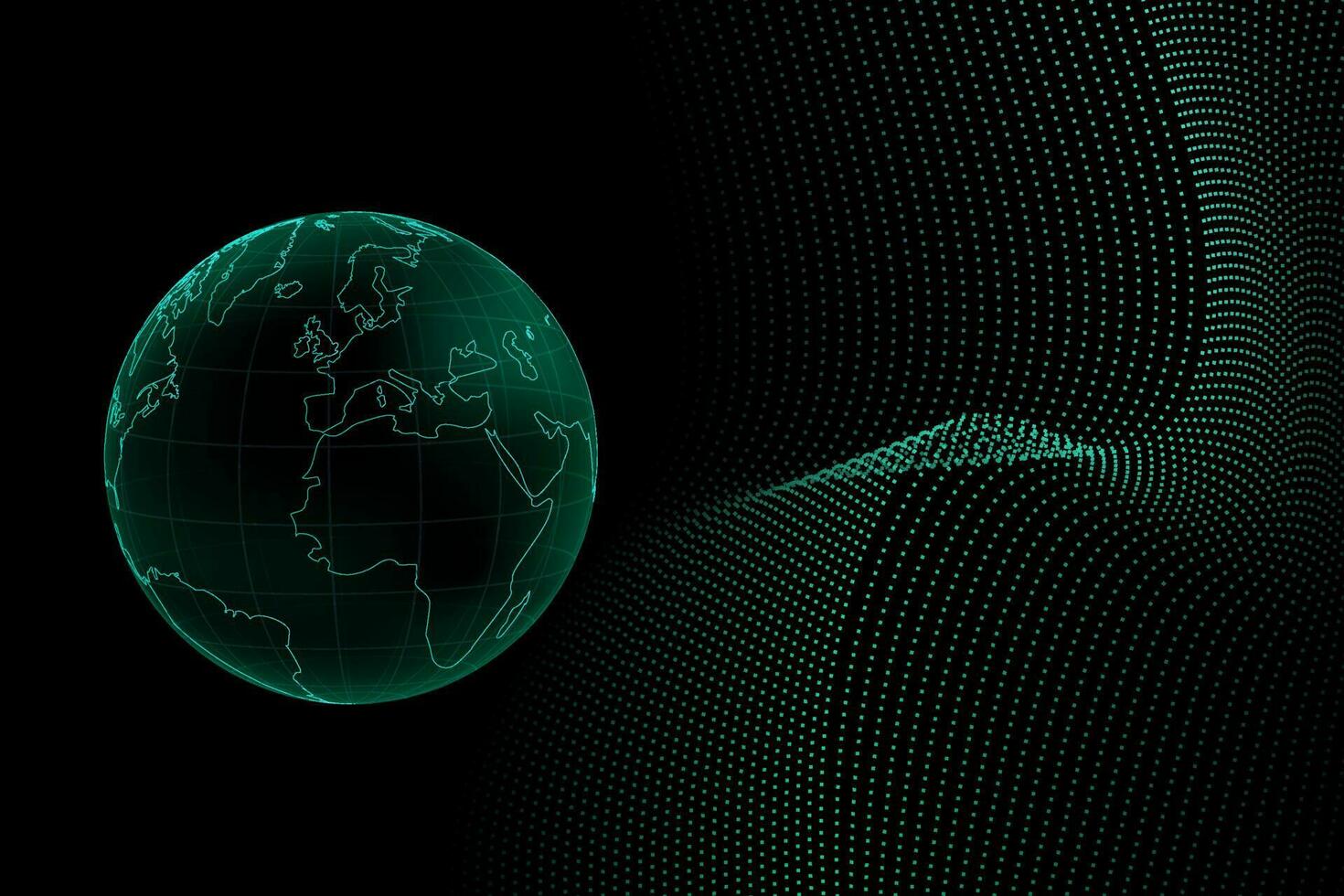 Dark Space 3D Render of Earth, Galaxy and Neon Network. Futuristic Science Fiction Concept for International Air Travel and Web Connectivity. Vector Illustration of World Map and Technology