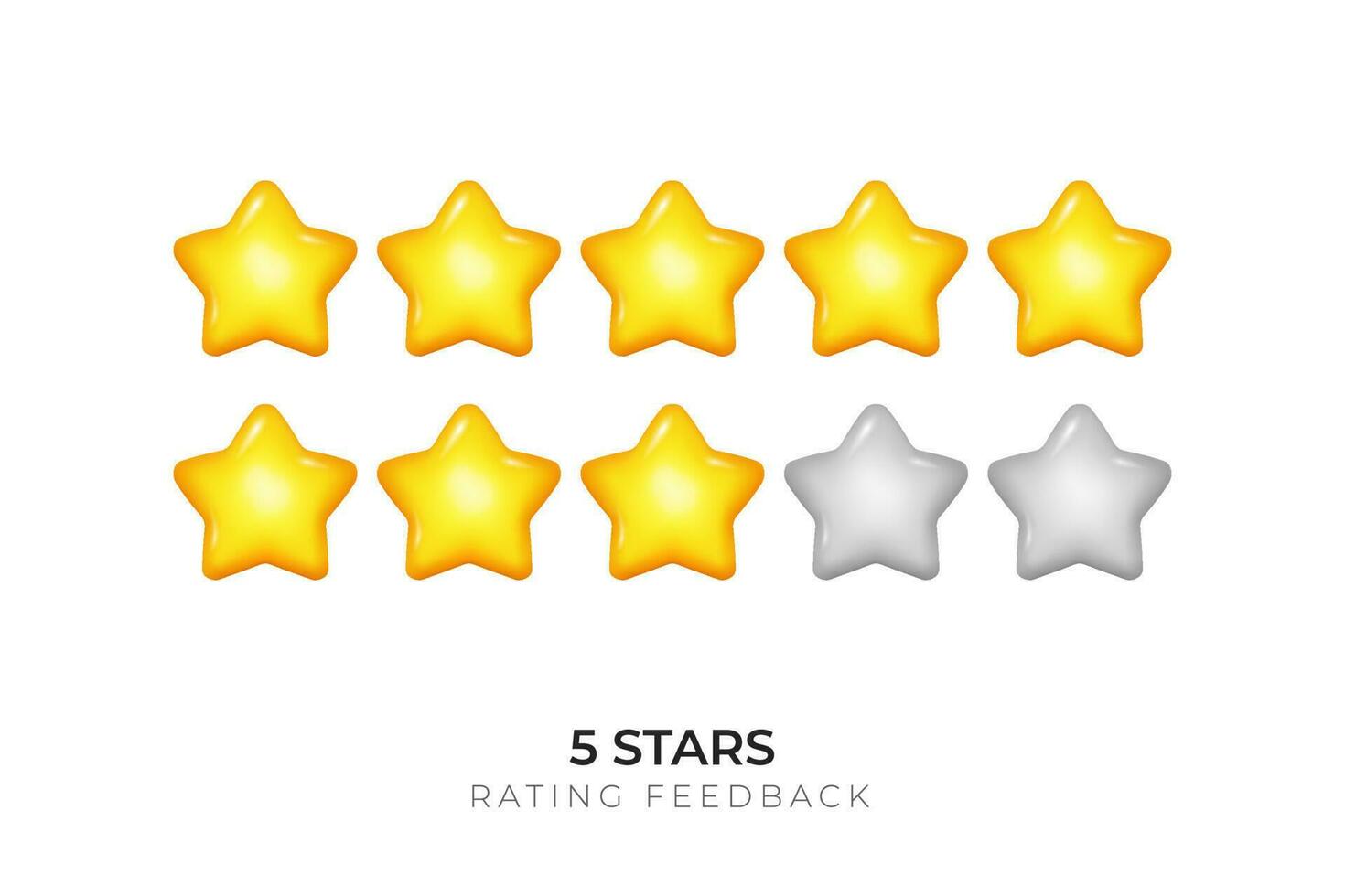 A vector image of a 3D five yellow star rating system, white background and a minimal design. It can be used for customer feedback, product evaluation, website rating, positive feedback