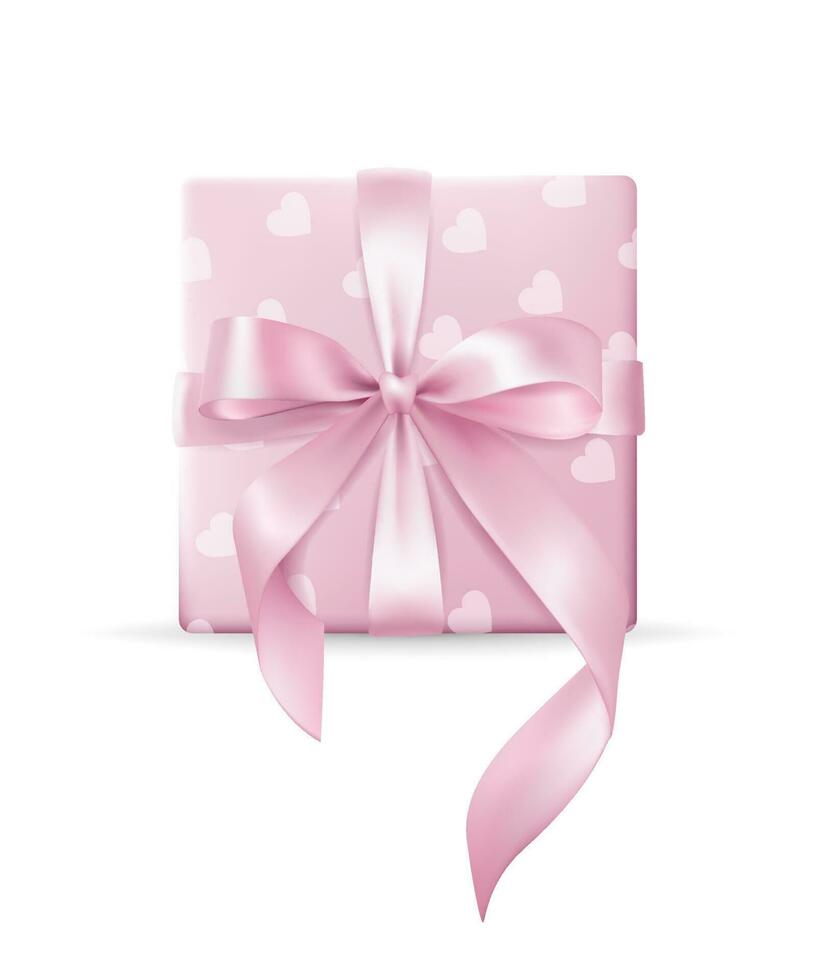 3D vector illustration of a pastel pink gift box with a bow on a white background for anniversaries, birthdays. The box are adorned with shiny ribbons and wrapped in paper with pattern with hearts.