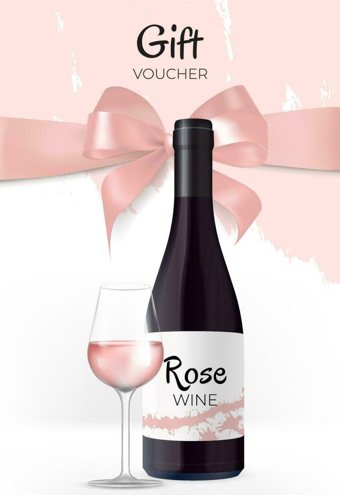 Realistic Wine Bottle Mockup Vector Illustration for Advertising and Promotion Pink and Rose Wine Tasting on Elegant Background with Big Silk Festive Bow with Ribbon. Gift Voucher for Party