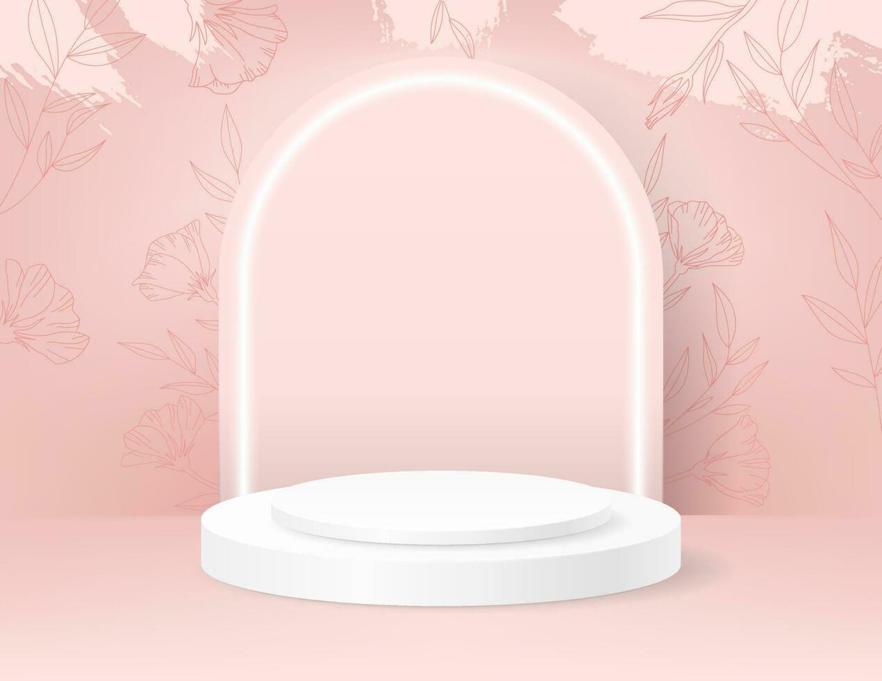 Vector mockup of a modern and clean display stage with pink flowers and geometric shapes. The blank pedestal and platform are perfect for showcasing cosmetic products. luxury mock up scene for banners