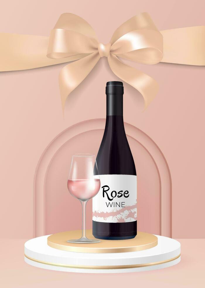 Elegant Wine Bottle on Pedestal, 3D Vector Illustration for Advertising or Presentation. Luxury Design Element with Reflection on Pink Background. Big Golden Silk Festive Bow with Ribbon. Rose Wine