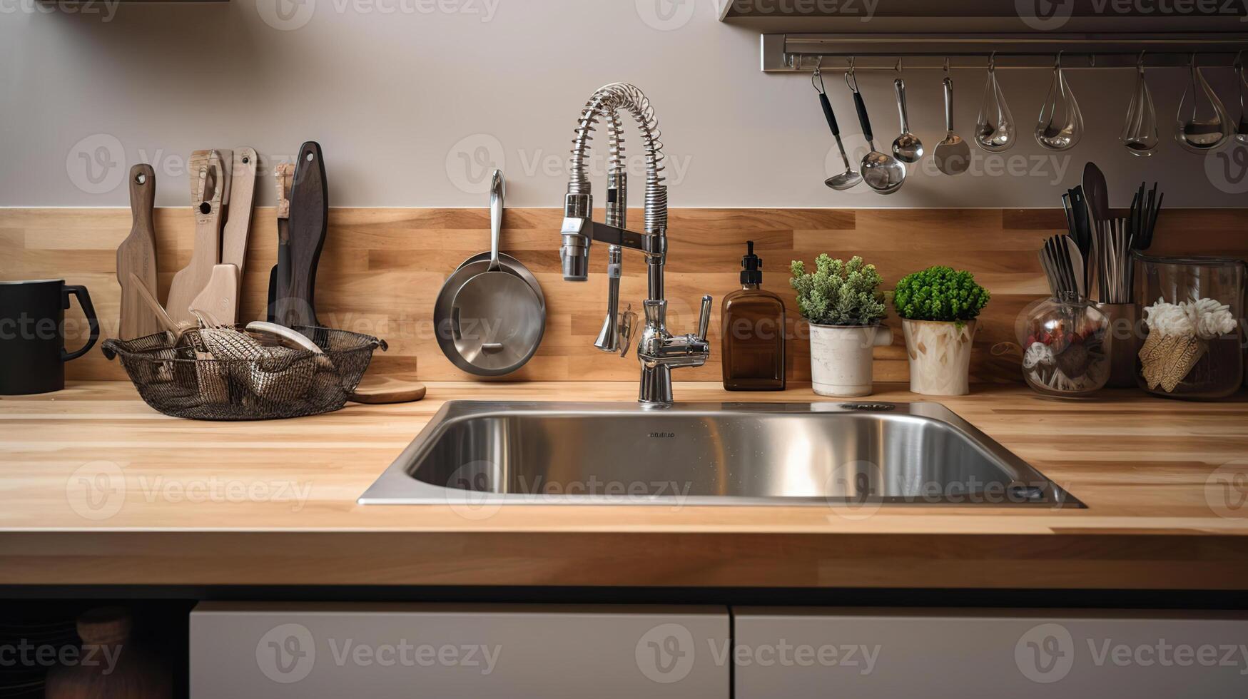 Wooden counter with silver sink, different utensils and bottles of oil near light wall in kitchen, photo