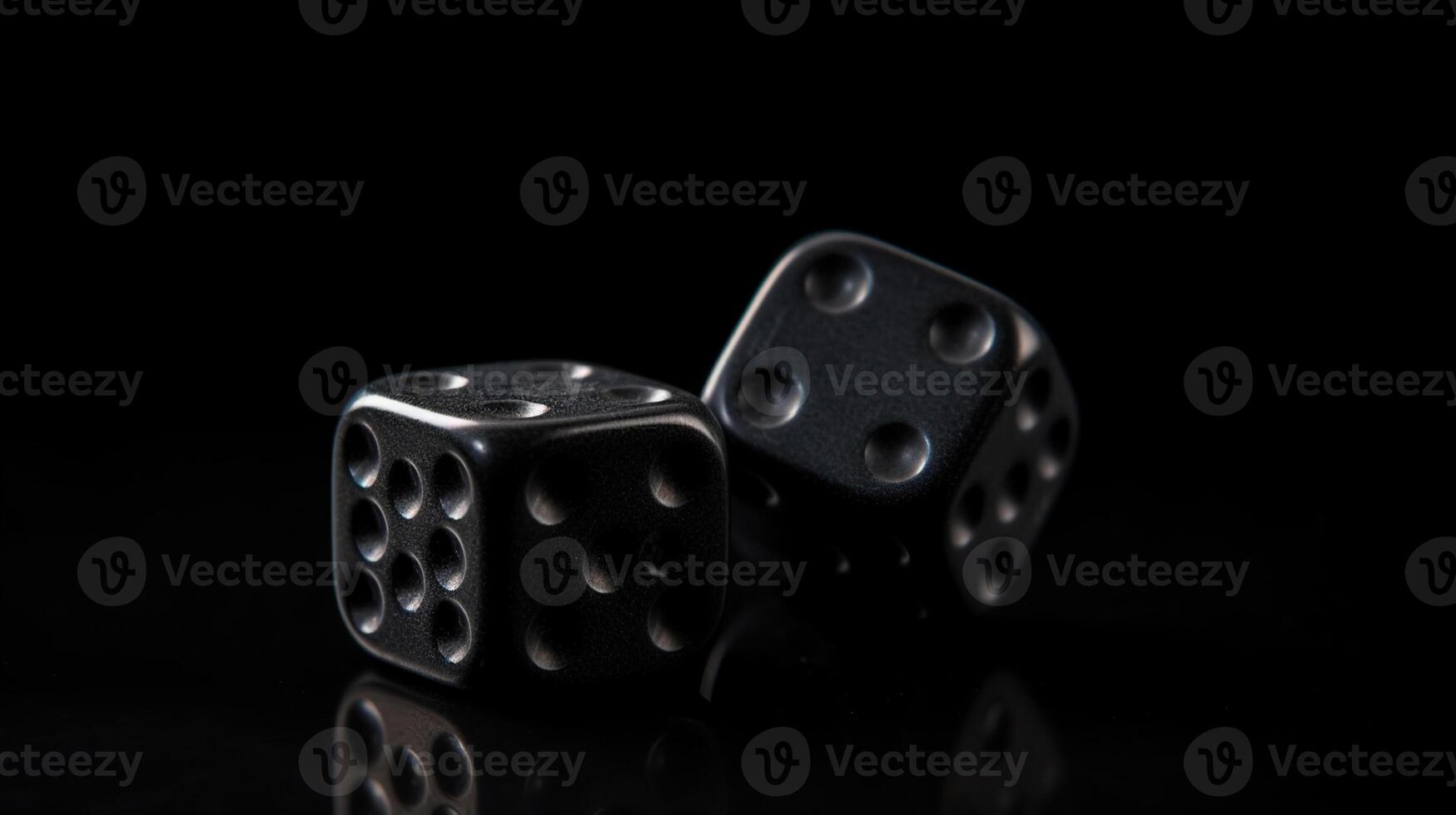 Two black rolling gambling dice on dark background - 3D illustration, photo