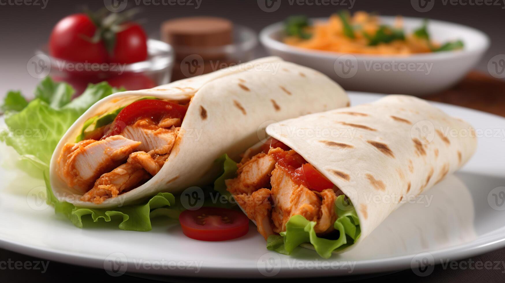 Spicy mexican chicken fajita wraps on a white plate with side serving of spicy salsa, and fresh salad, photo