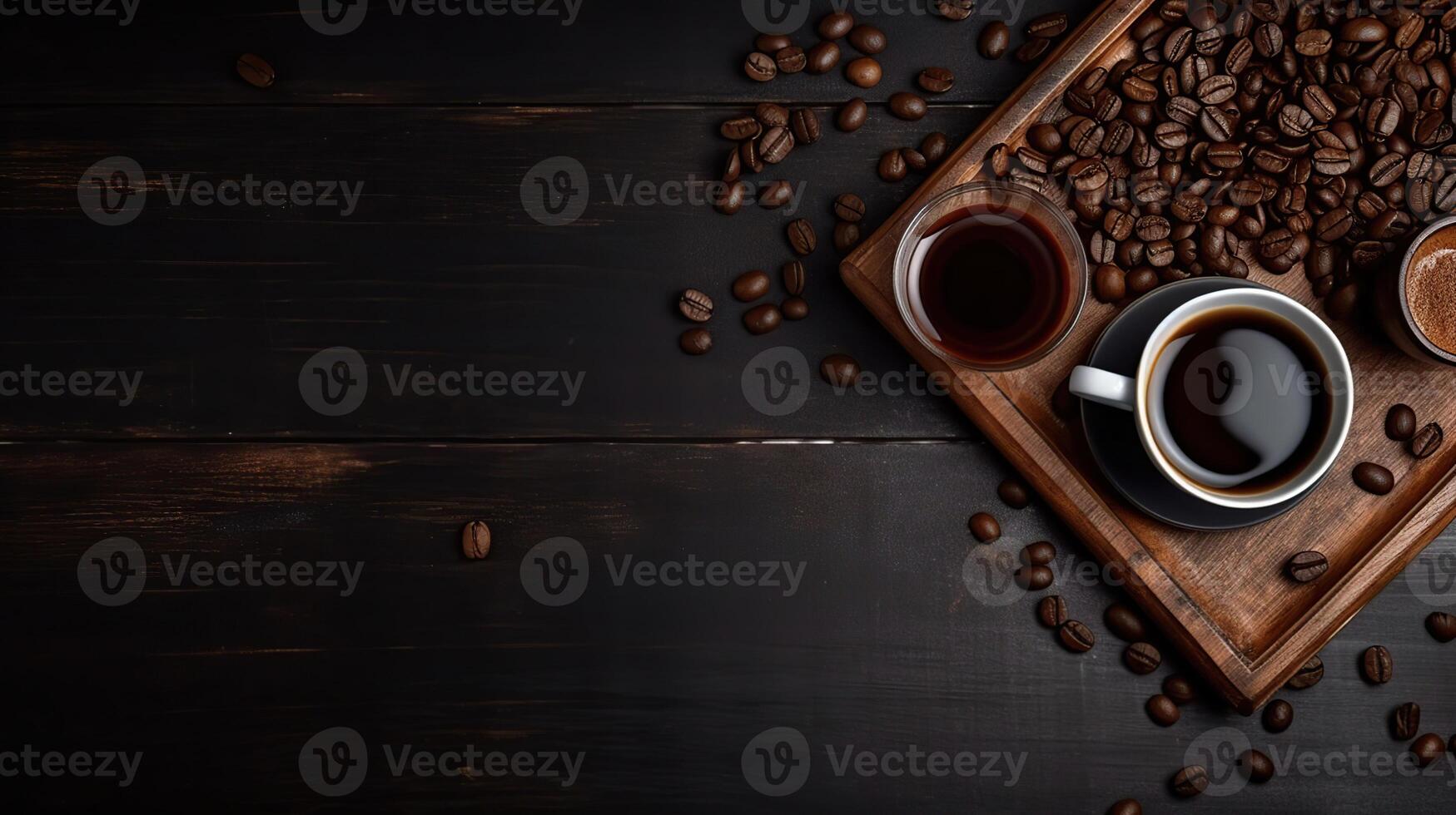 Coffee cup with roasted beans on stone background. Top view with copy space for your text photo
