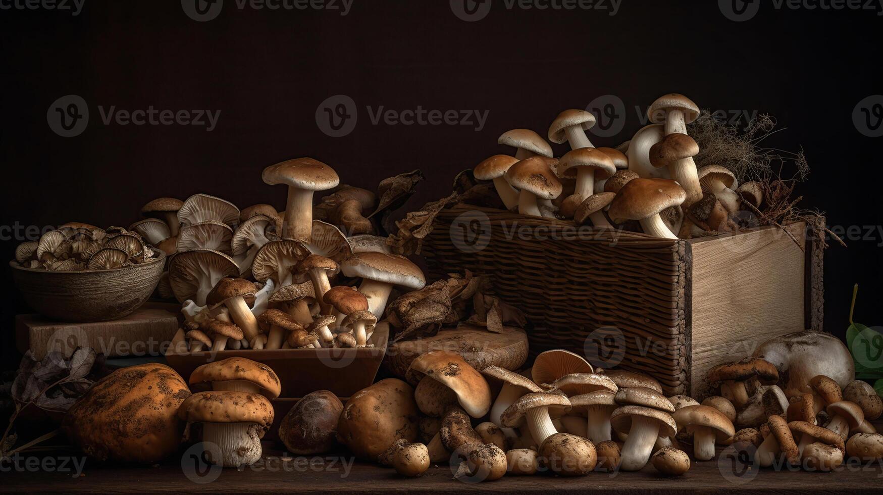 Variety of uncooked wild forest mushrooms on the table, black background. photo