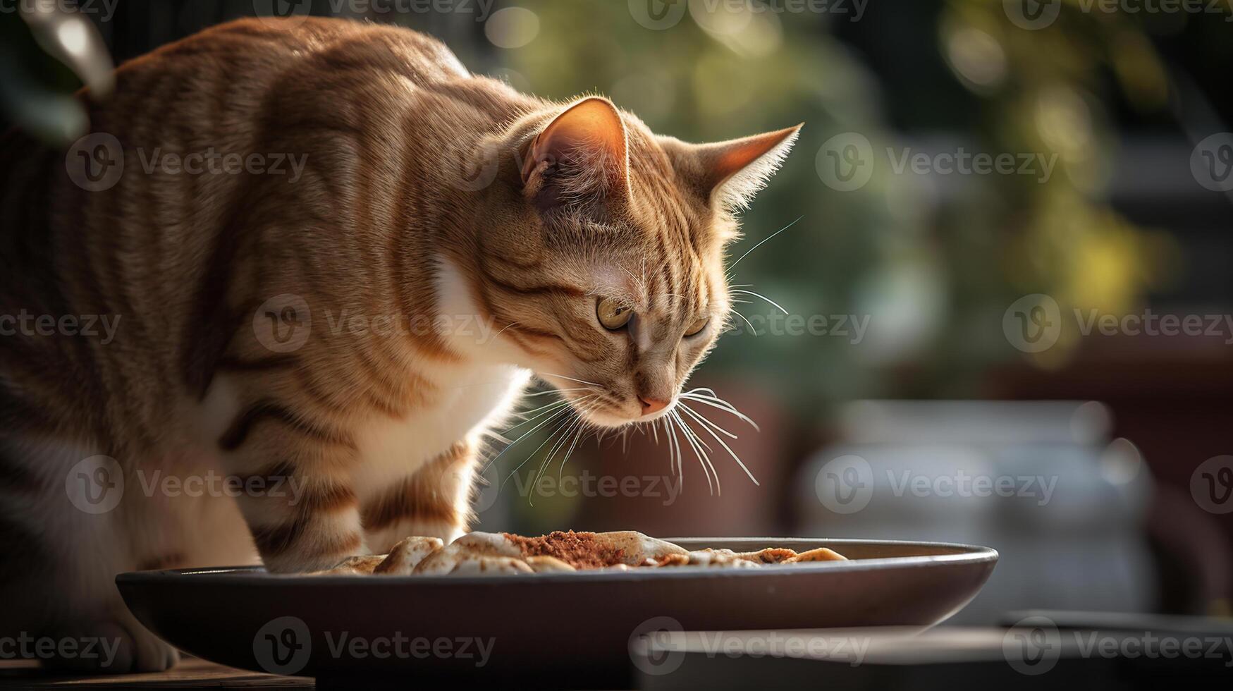 Feeding food to hungry chubby lovely cat or pet and stand up to waiting, photo