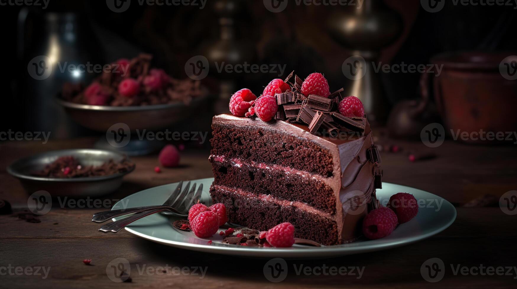 Chocolate cake with raspberry on plate. Slice of cake. Raspberry cake. Wedding dessert. Black forest cake. photo