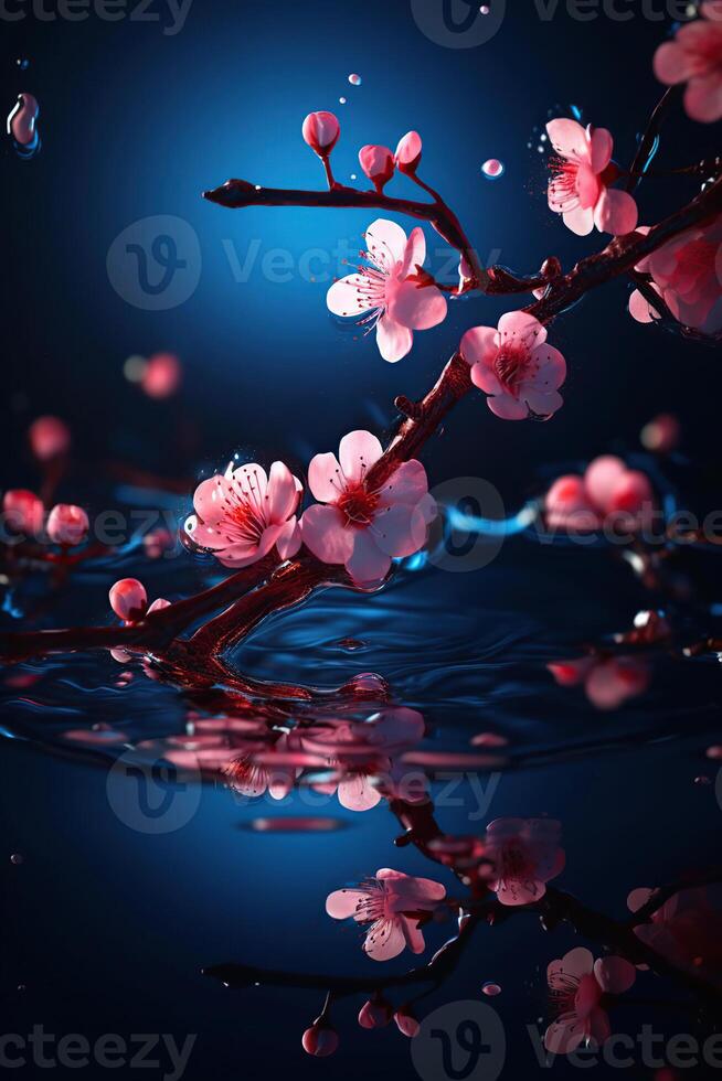 Beautiful Spectral Light red Peach Blossom Branches, flower petals Blue Light Glinting on, Background is Blue, photo