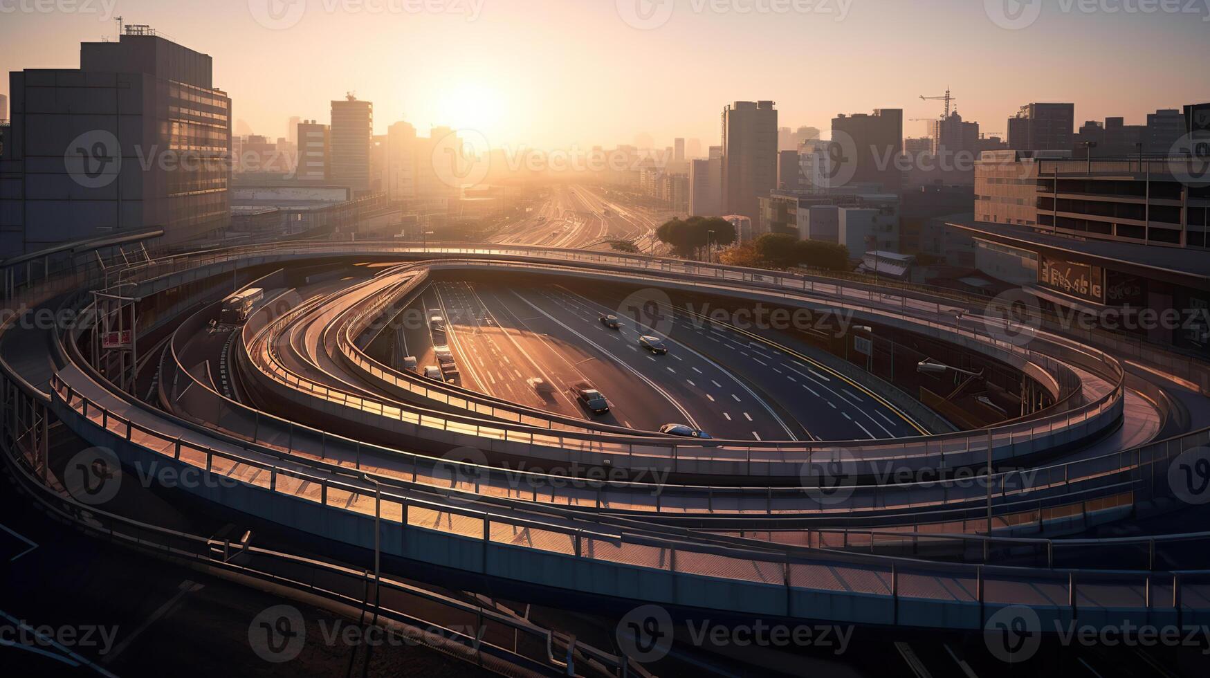 Curved ramp of a highway over streets in Osaka city of Japan at sunrise with illumination and passing road traffic, photo