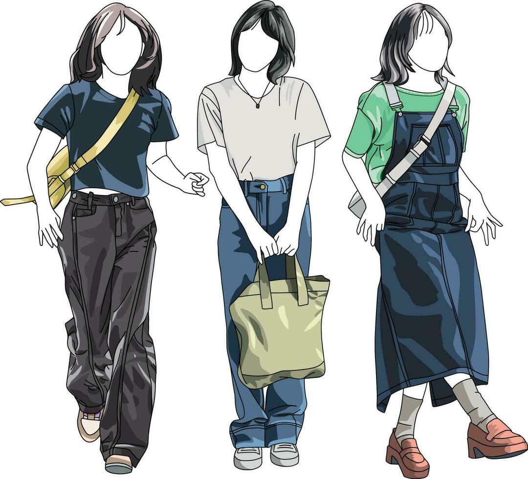 Three cute japanese girl fashion models vector