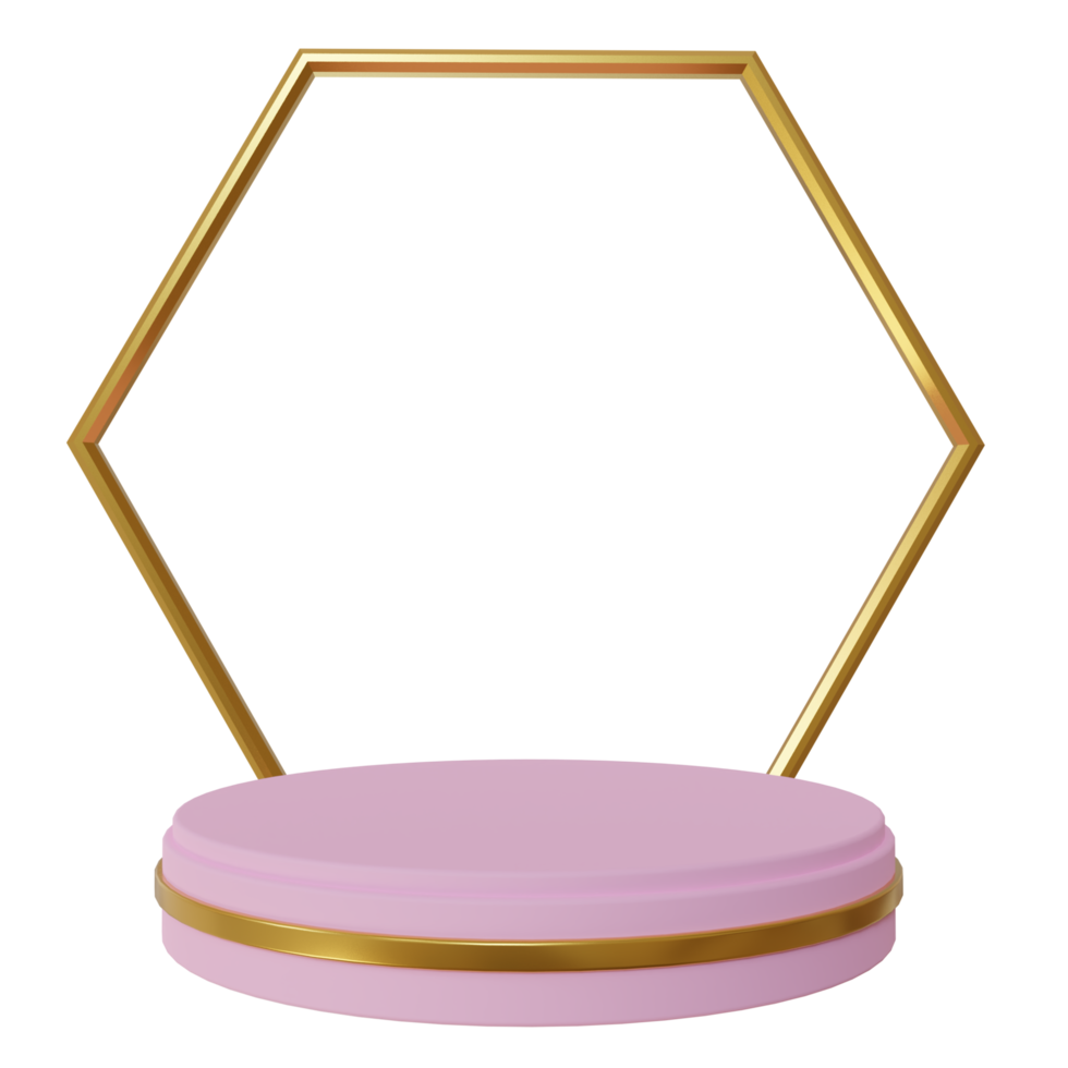 round podium stage with golden hexagon frame. for promotional product photos. 3d rendering illustration png