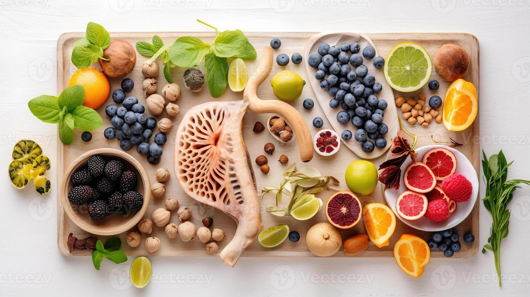 The best foods for healthy lungs and breathing. Assortment of natural products to boost lungs health with the inscription Healthy Lungs. photo