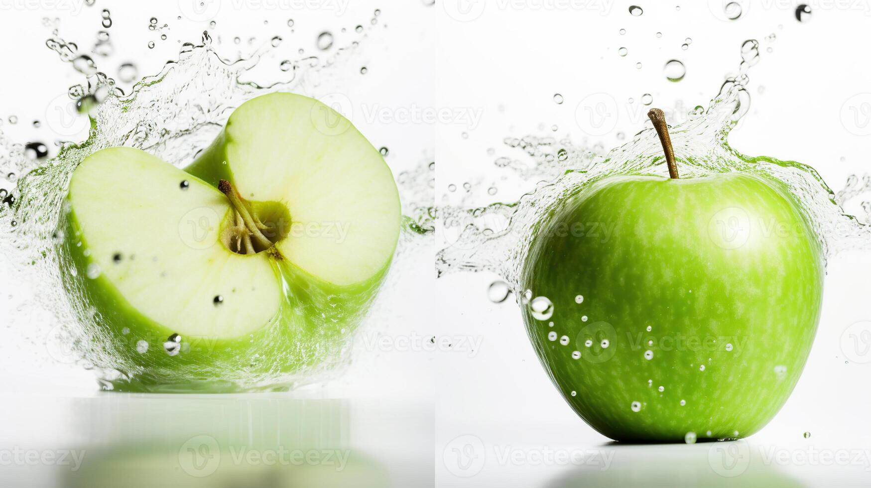 Fresh green apple and splash of water on isolated white background, photo