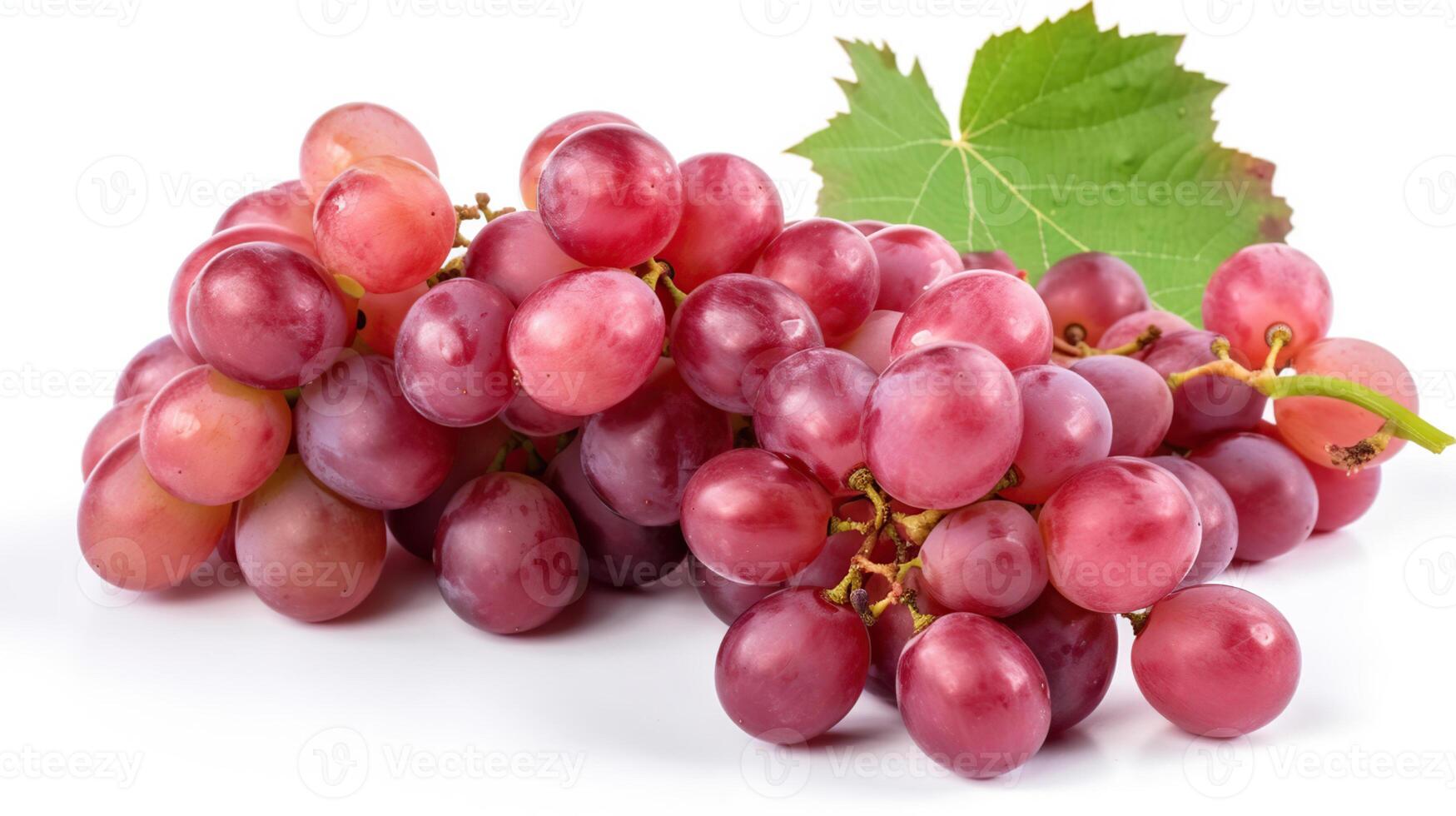 Ripe red grape. Pink bunch with leaves isolated on white. With clipping path, photo