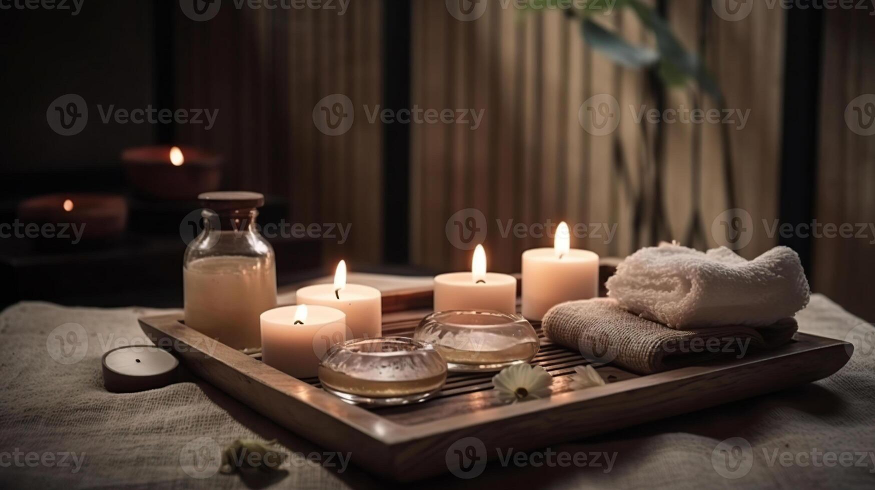 Beautiful spa composition on massage table in wellness center, photo