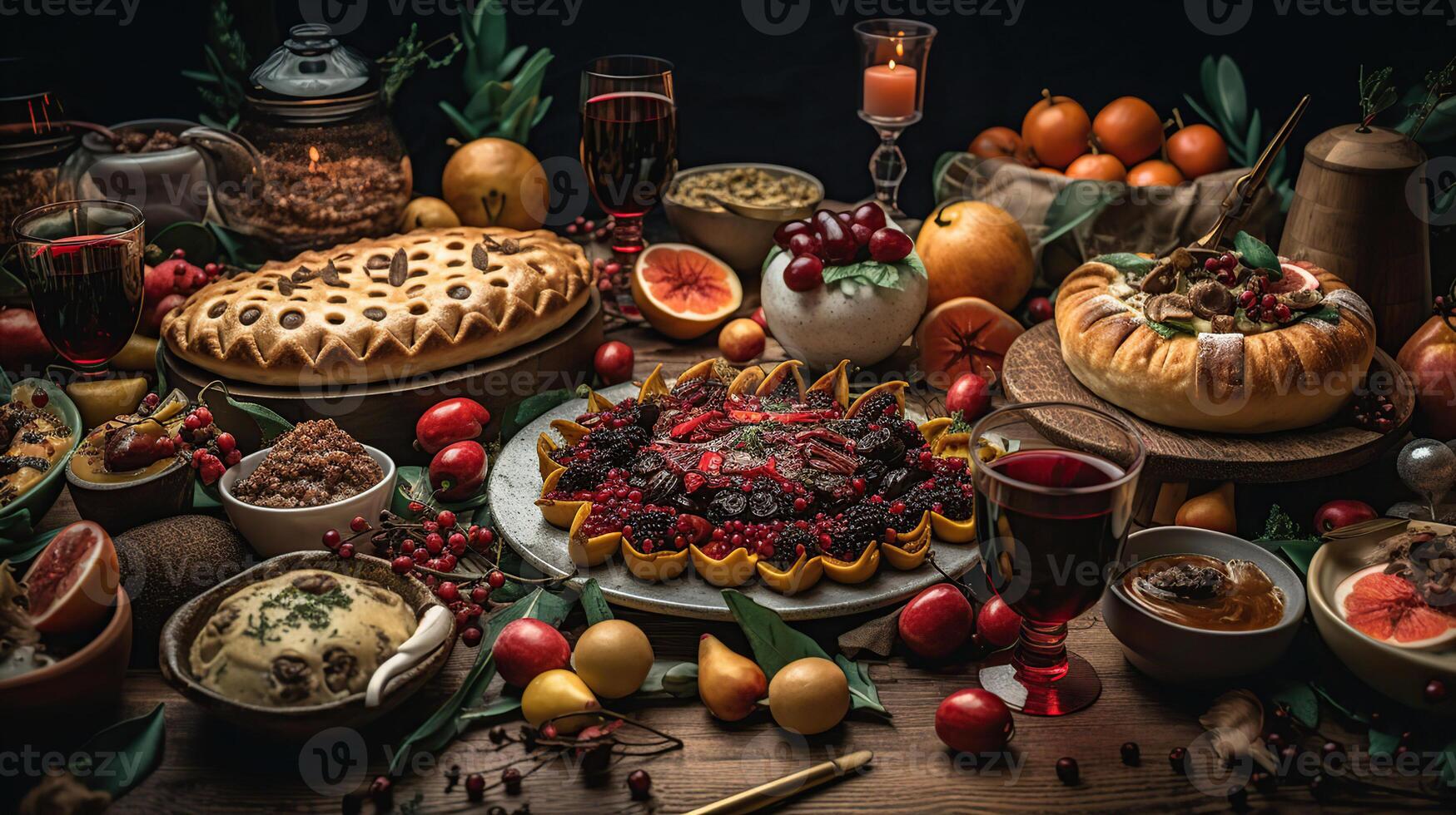 christmas eve thanksgiving dinner party food festive celebrating concept, photo