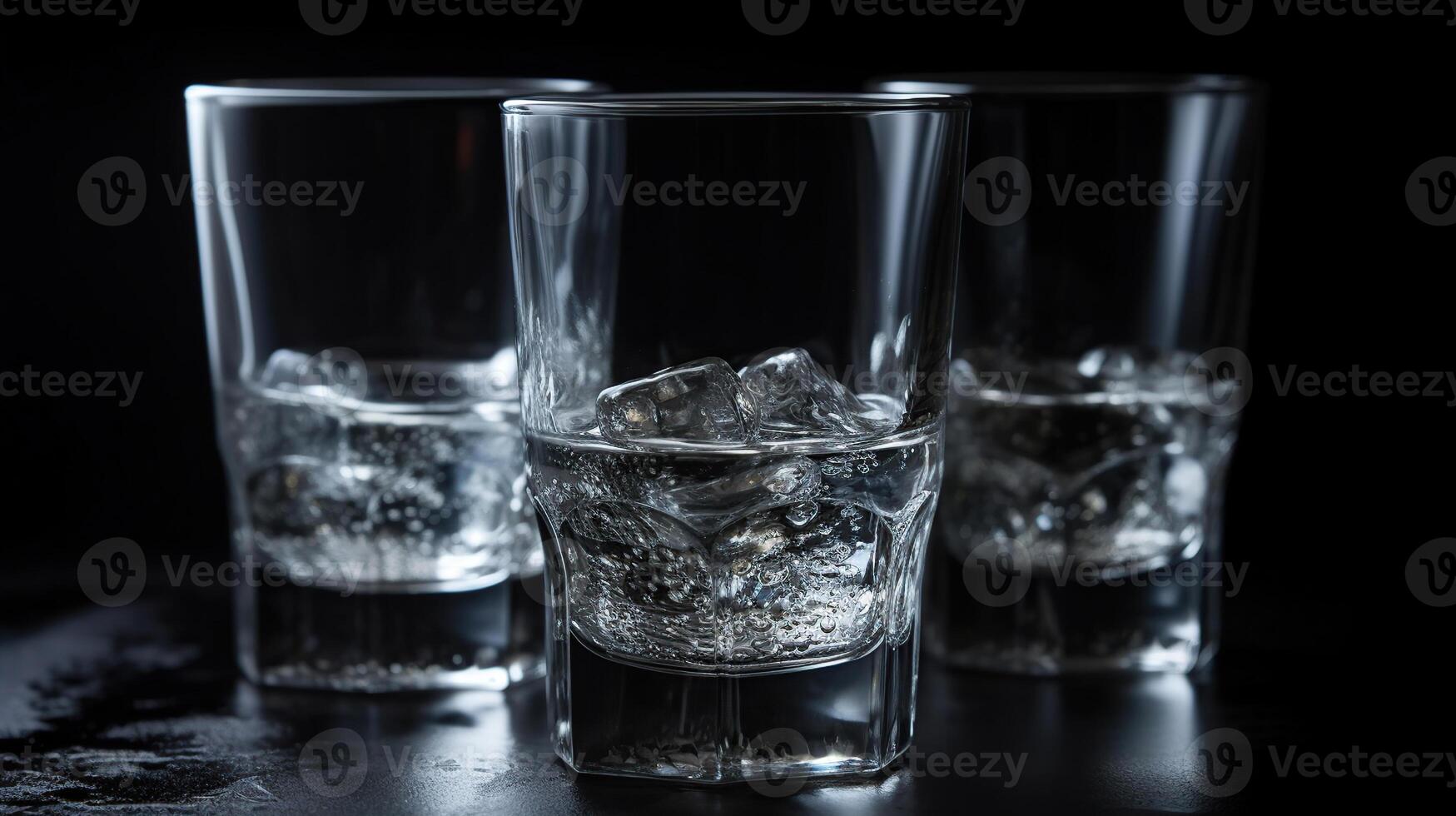 vodka. tiros, lentes con vodka con hielo. oscuro antecedentes. generativo ai foto