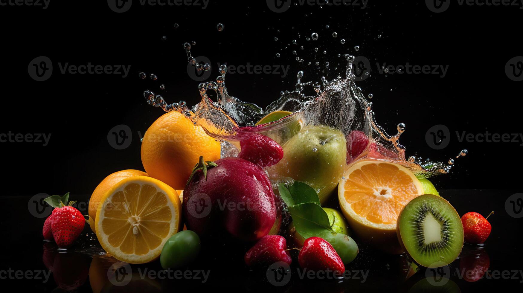 agua chapoteo, Fruta en un negro antecedentes vino, albaricoque y durazno, generativo ai foto