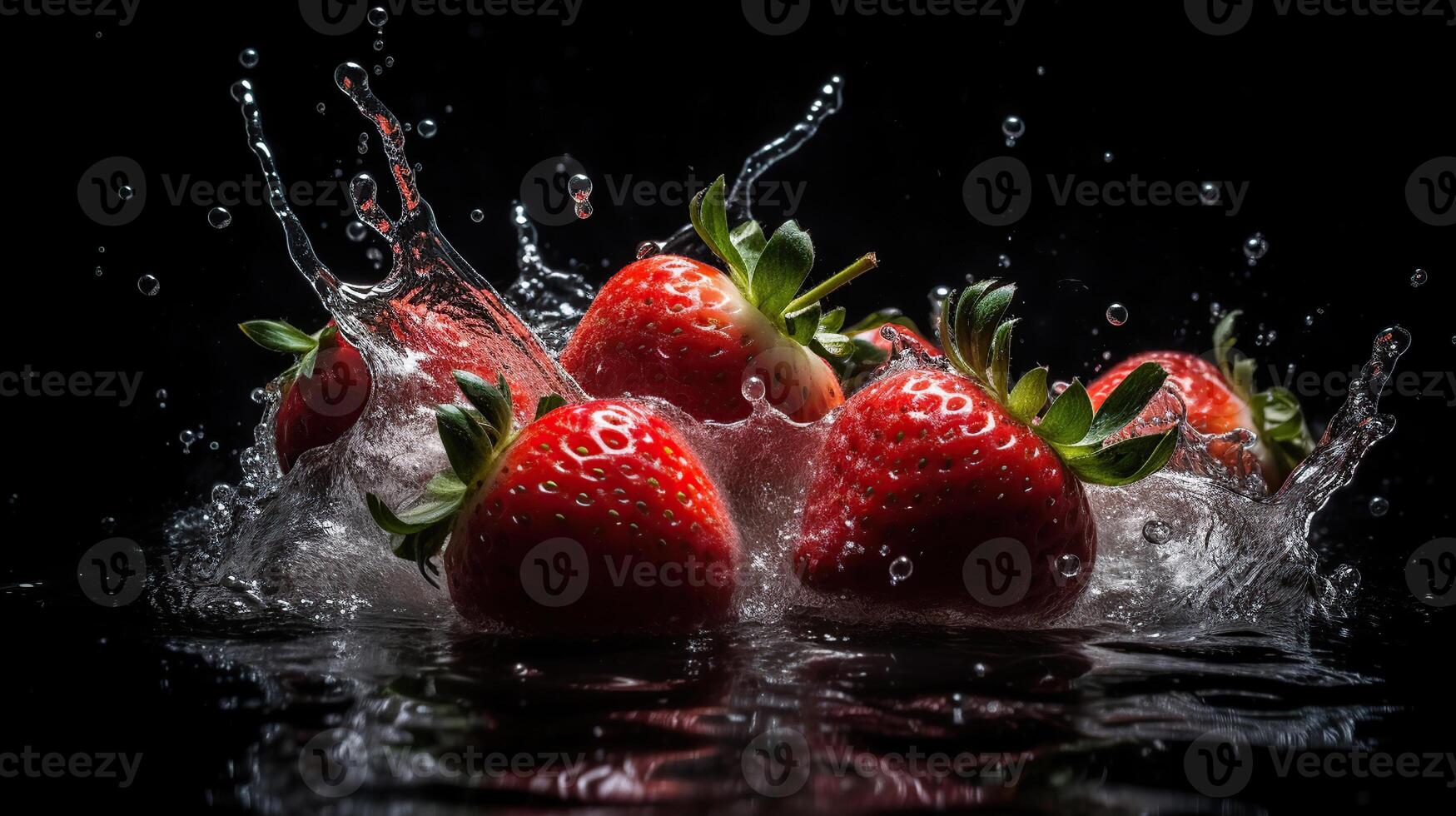 strawberries falling into a tank of water showing movement and splashes, shot against a black background, photo