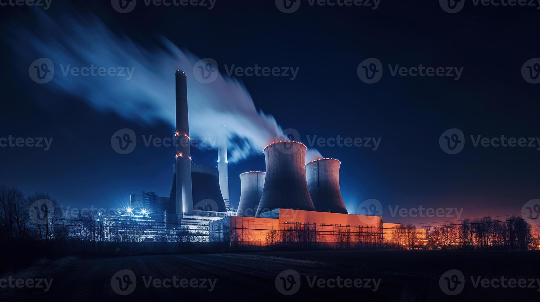 A large brown coal power station with night blue sky and steam, photo