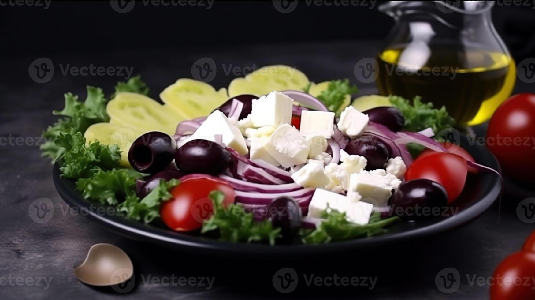 ensalada con Fresco vegetales aceitunas Tomates rojo cebolla griego queso queso feta y aceituna petróleo aislado, generativo ai foto