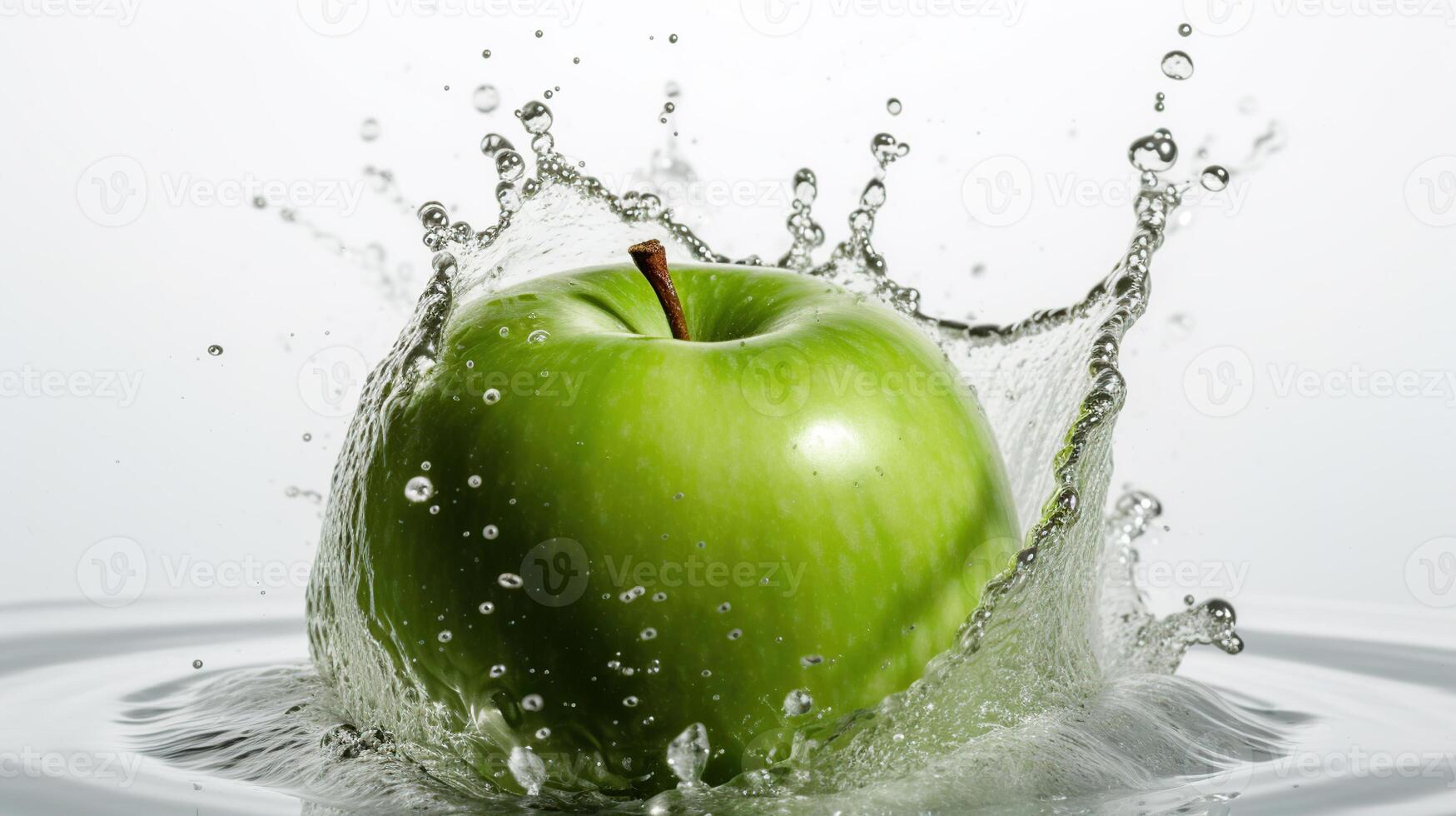 Fresco verde manzana y chapoteo de agua en aislado blanco fondo, generativo ai foto