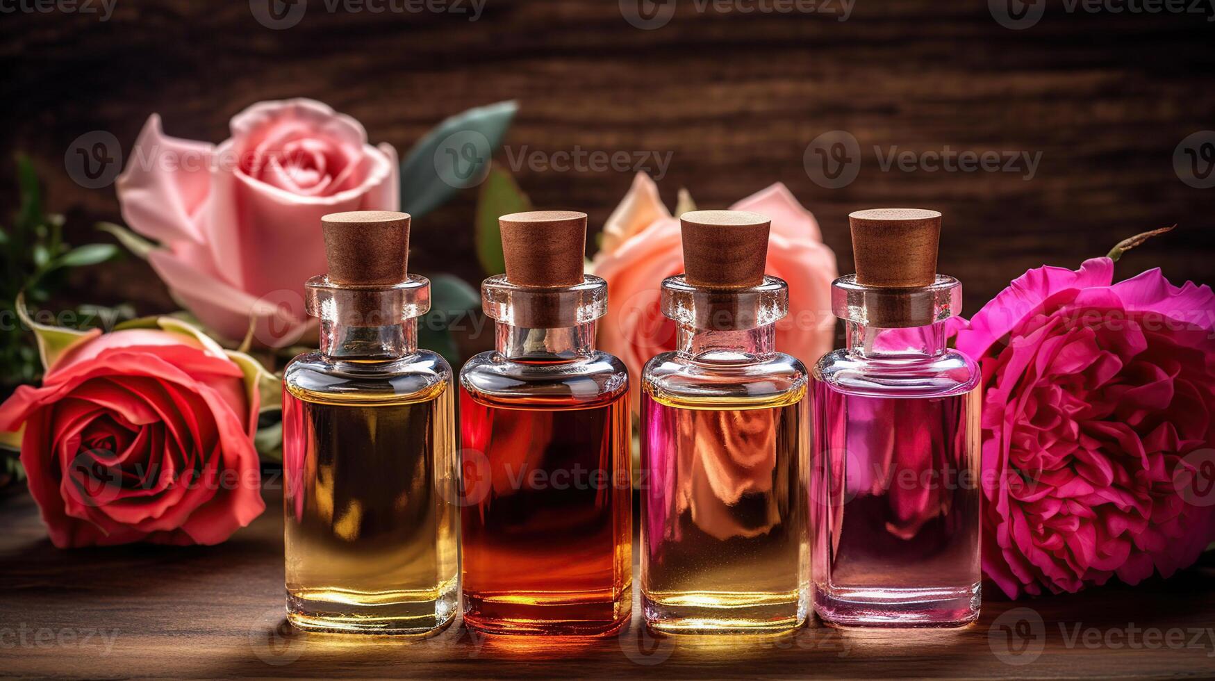 Bottles of essential rose oil and flowers on wooden table, photo