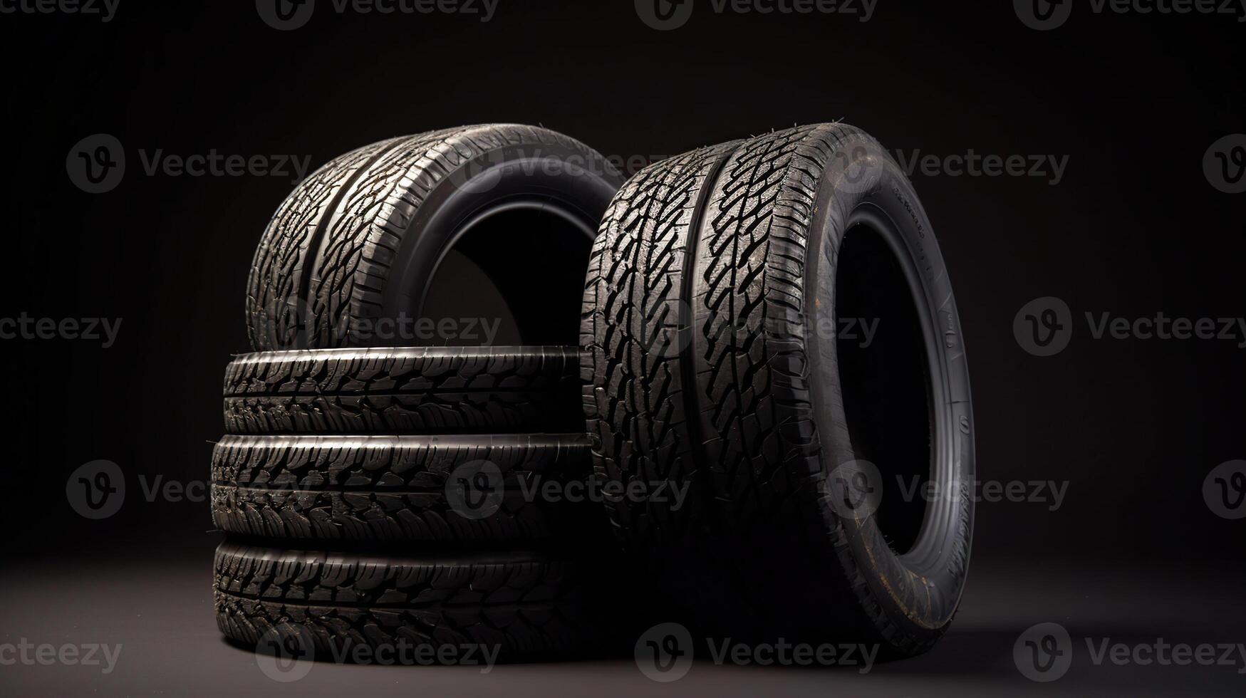 Stack of wheel new black tyres for winter car driving isolated on black background, photo