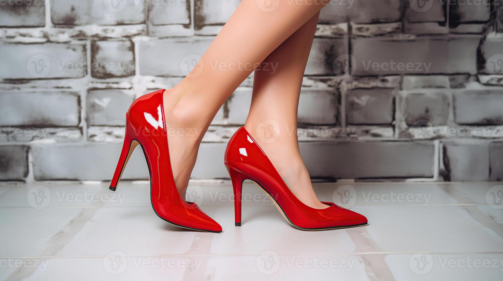 Sexy Red high heels. Fashion concept, catwalk. A modern and fashionable shoe store. on a white brick background, photo