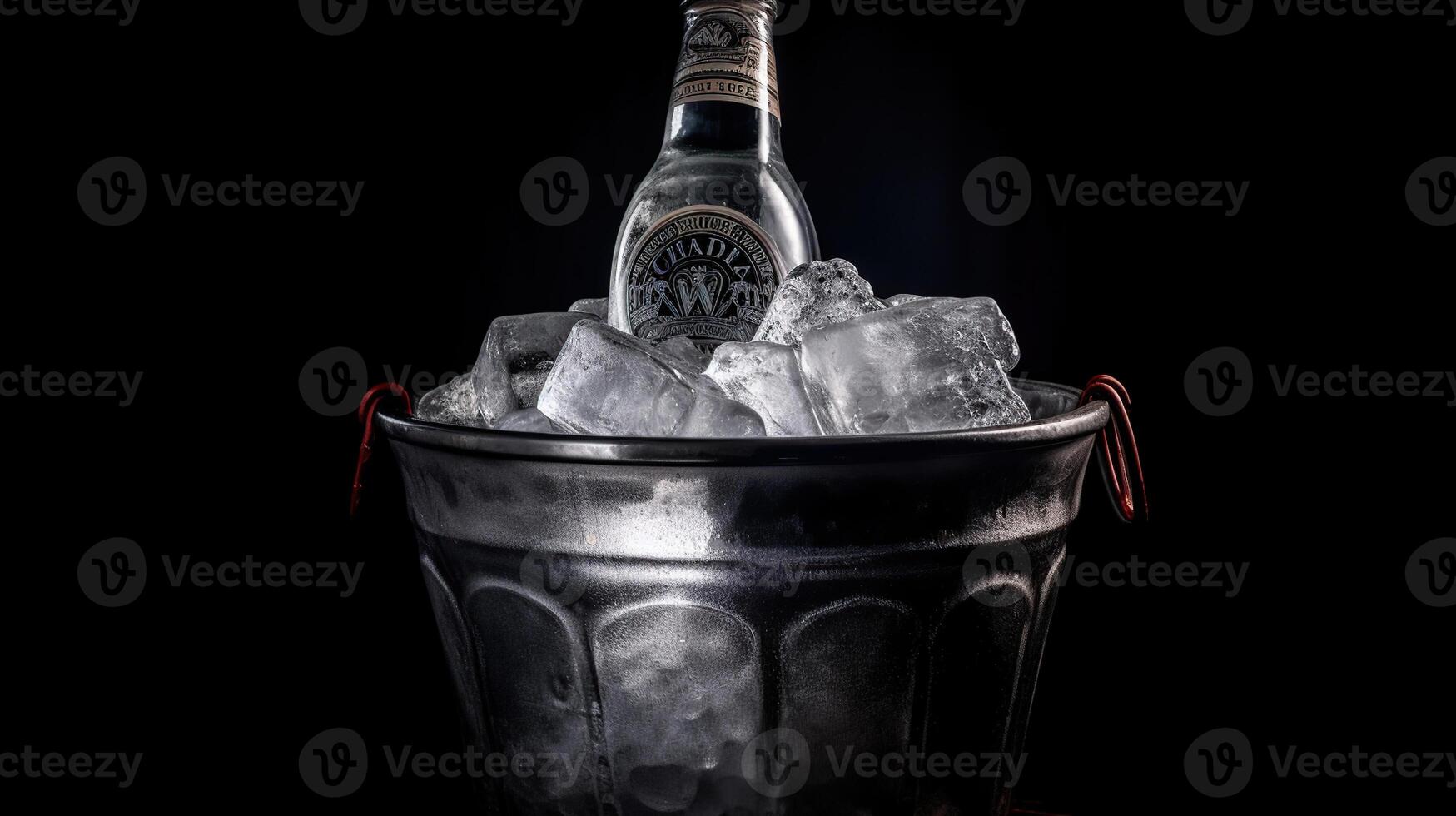 Bottle of cold vodka in bucket of ice on dark background, photo