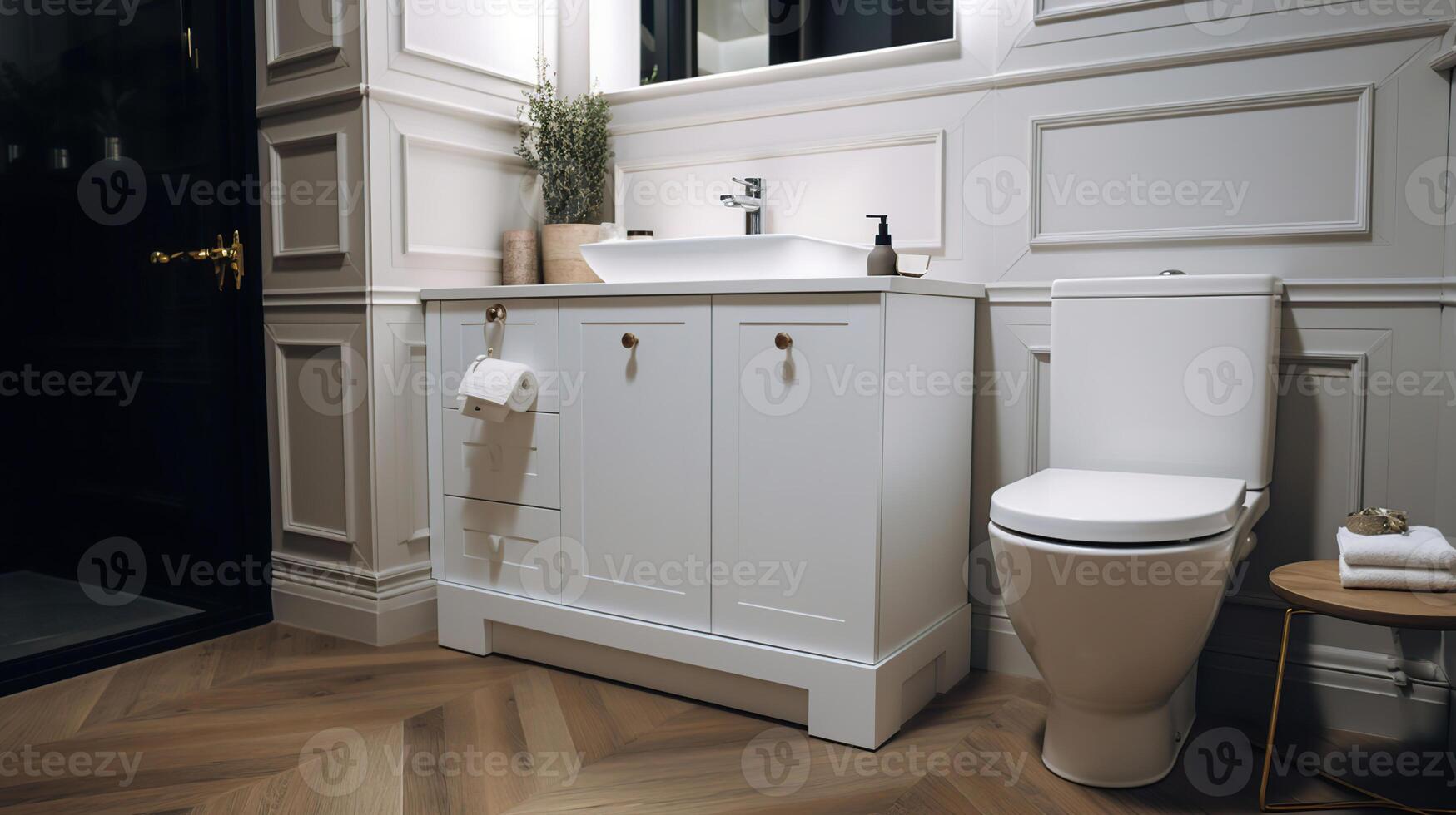 Interior of restroom with toilet bowl, shelving unit and houseplants, photo