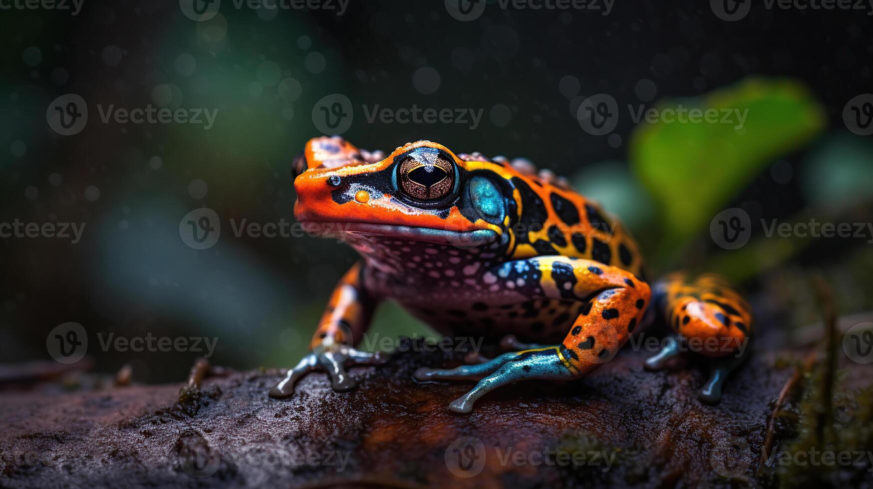 Colorful frog perched on a tree at the edge of water showing reflection in the water with blur background, photo