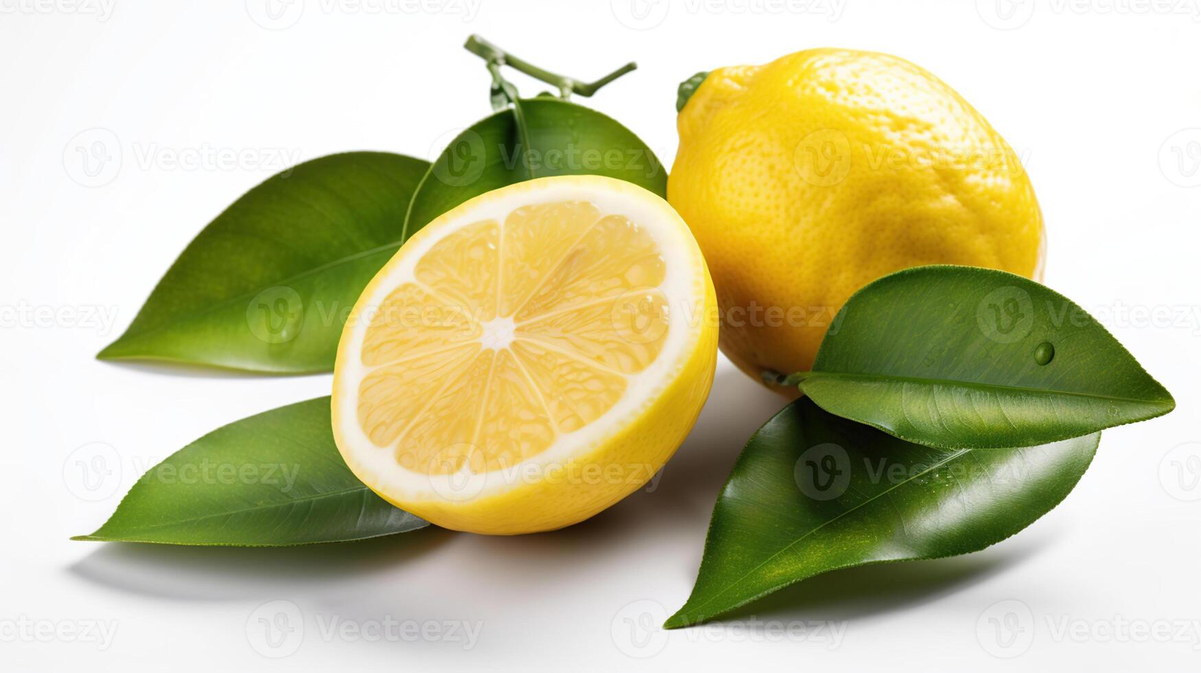 Lemon fruit with leaf isolate. Lemon whole, half, slice, leaves on white. Lemon slices with zest isolated. photo