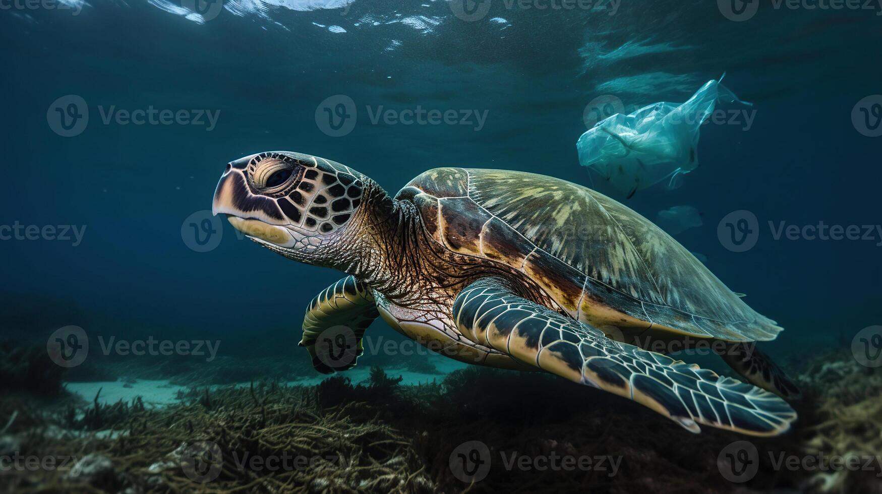 el plastico contaminación en Oceano - Tortuga nadar lado el plastico bolso - ambiental problema, generativo ai foto