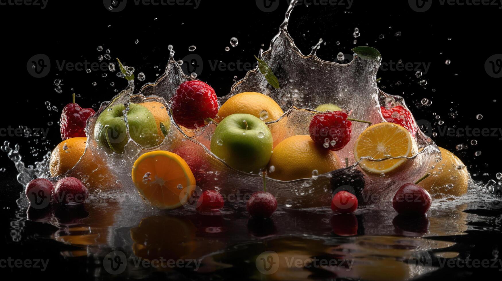 Fresh fruits with water splash isolated on black, photo